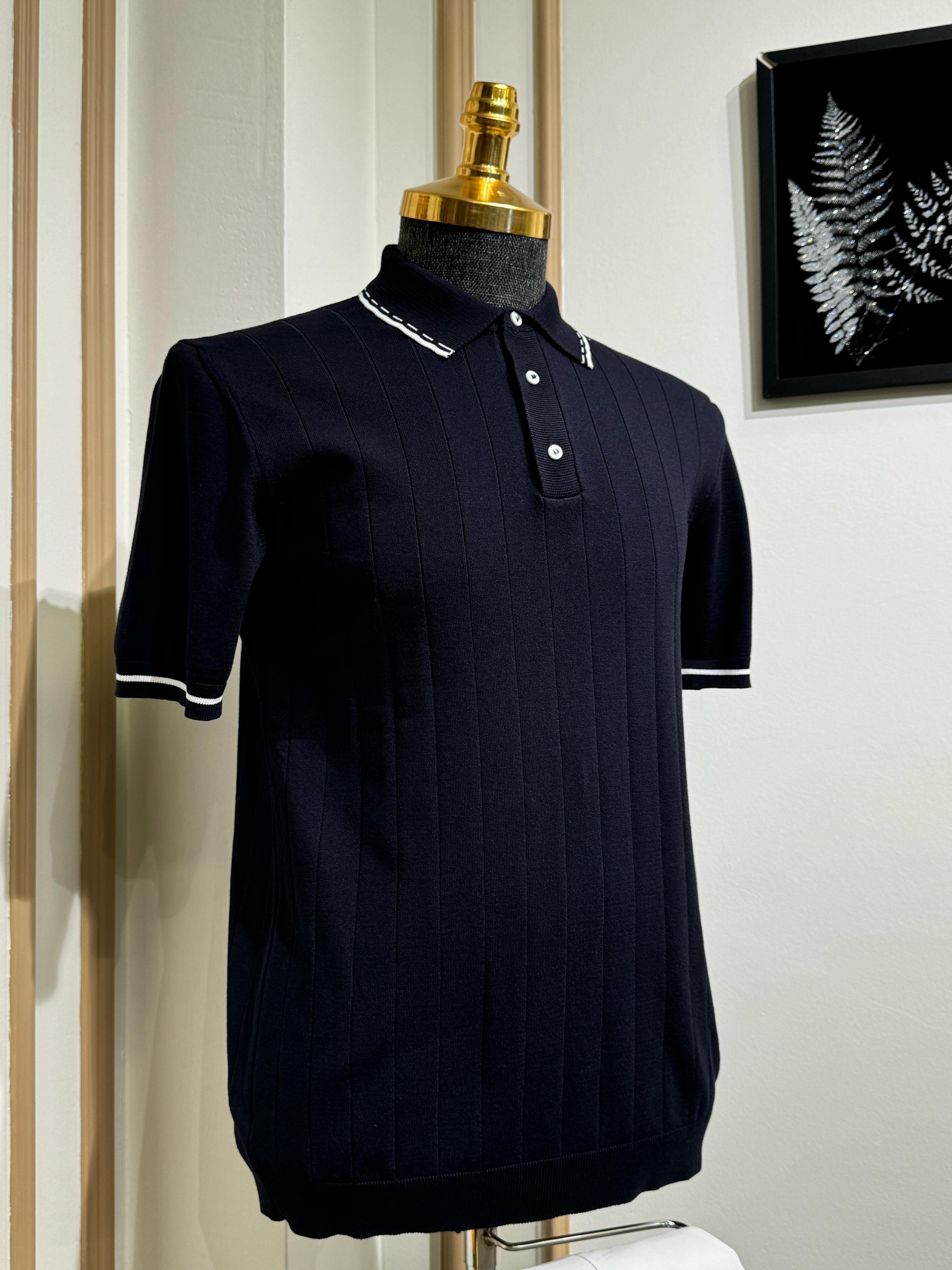 Çizgili Slim Fit Polo Yaka Triko T-Shirt - Lacivert