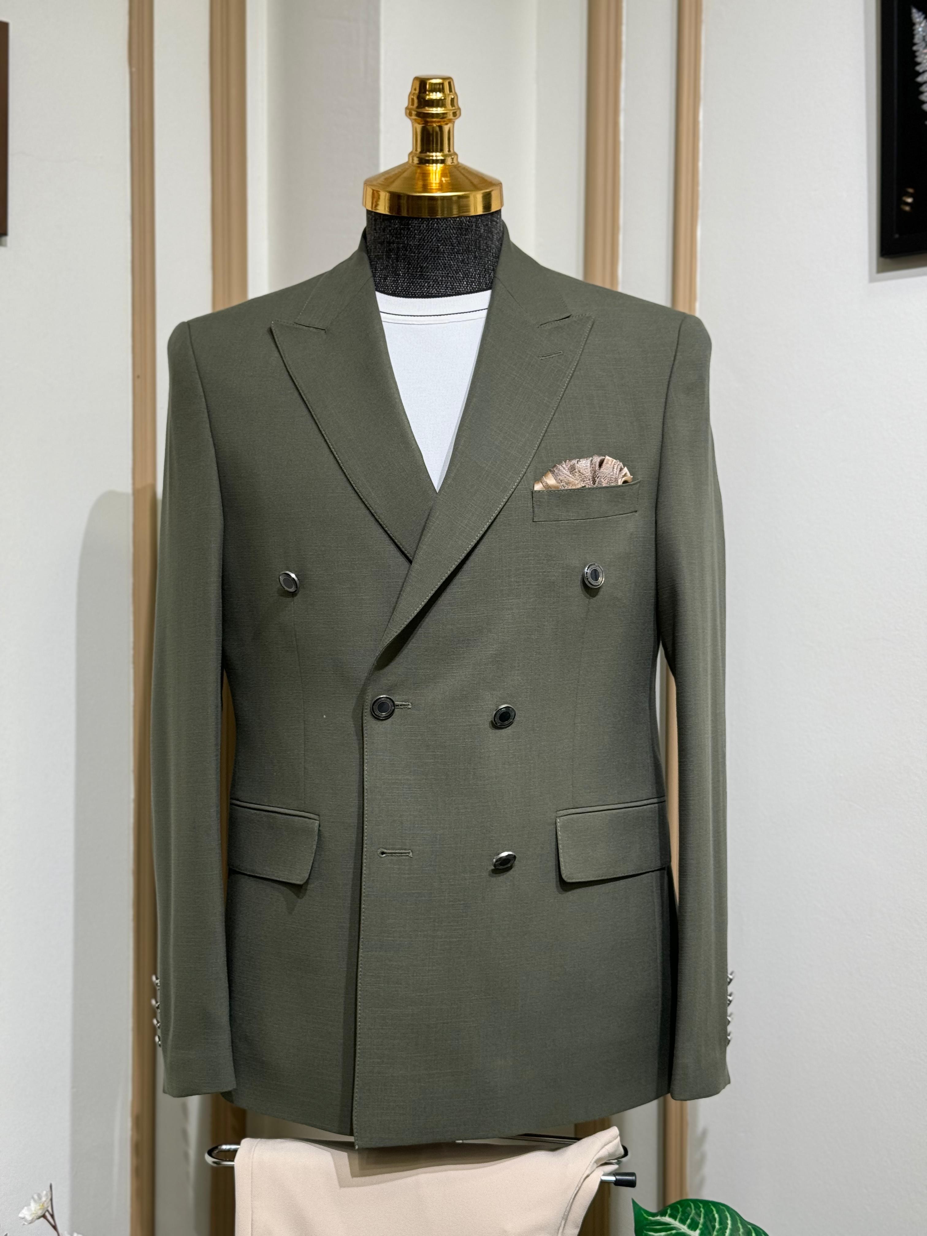 Düz Slim Fit Kruvaze Takım Elbise 