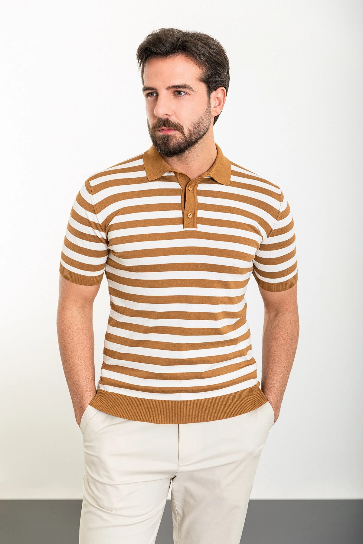 Yatay Çizgili Desen Slim Fit Polo Yaka Triko T-Shirt - Camel