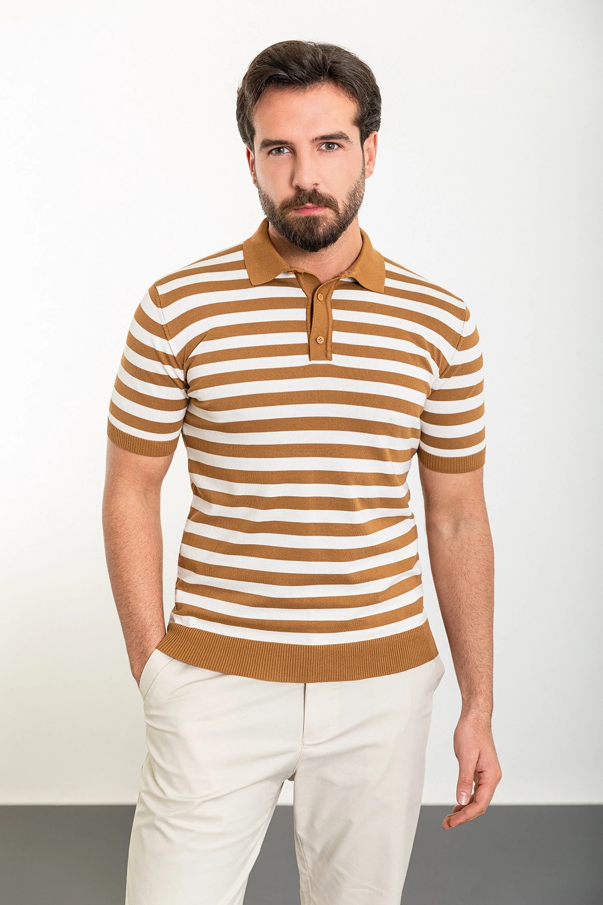 Yatay Çizgili Desen Slim Fit Polo Yaka Triko T-Shirt - Camel