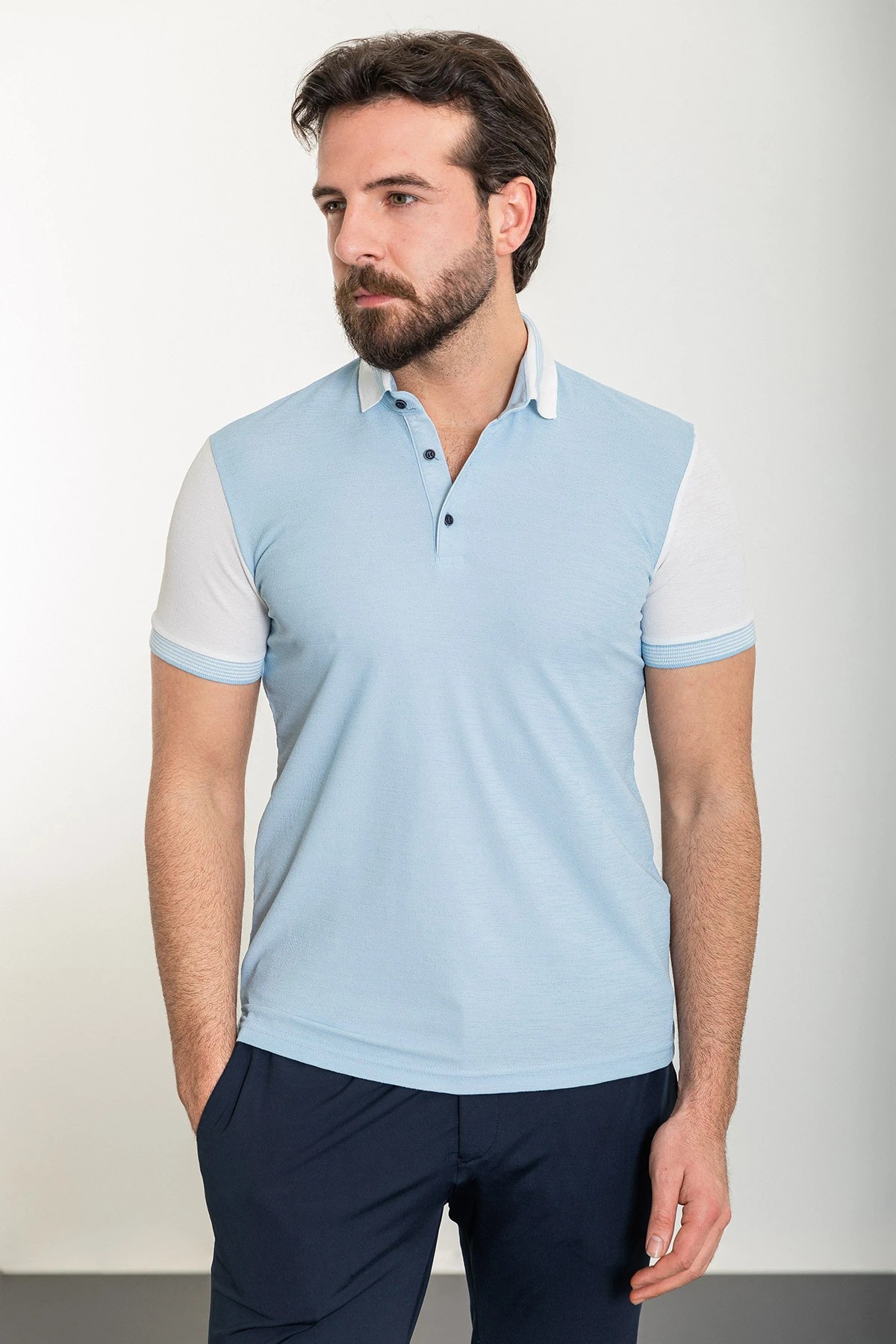 Parçalı Slim Fit Polo Yaka Erkek T-Shirt - Mavi