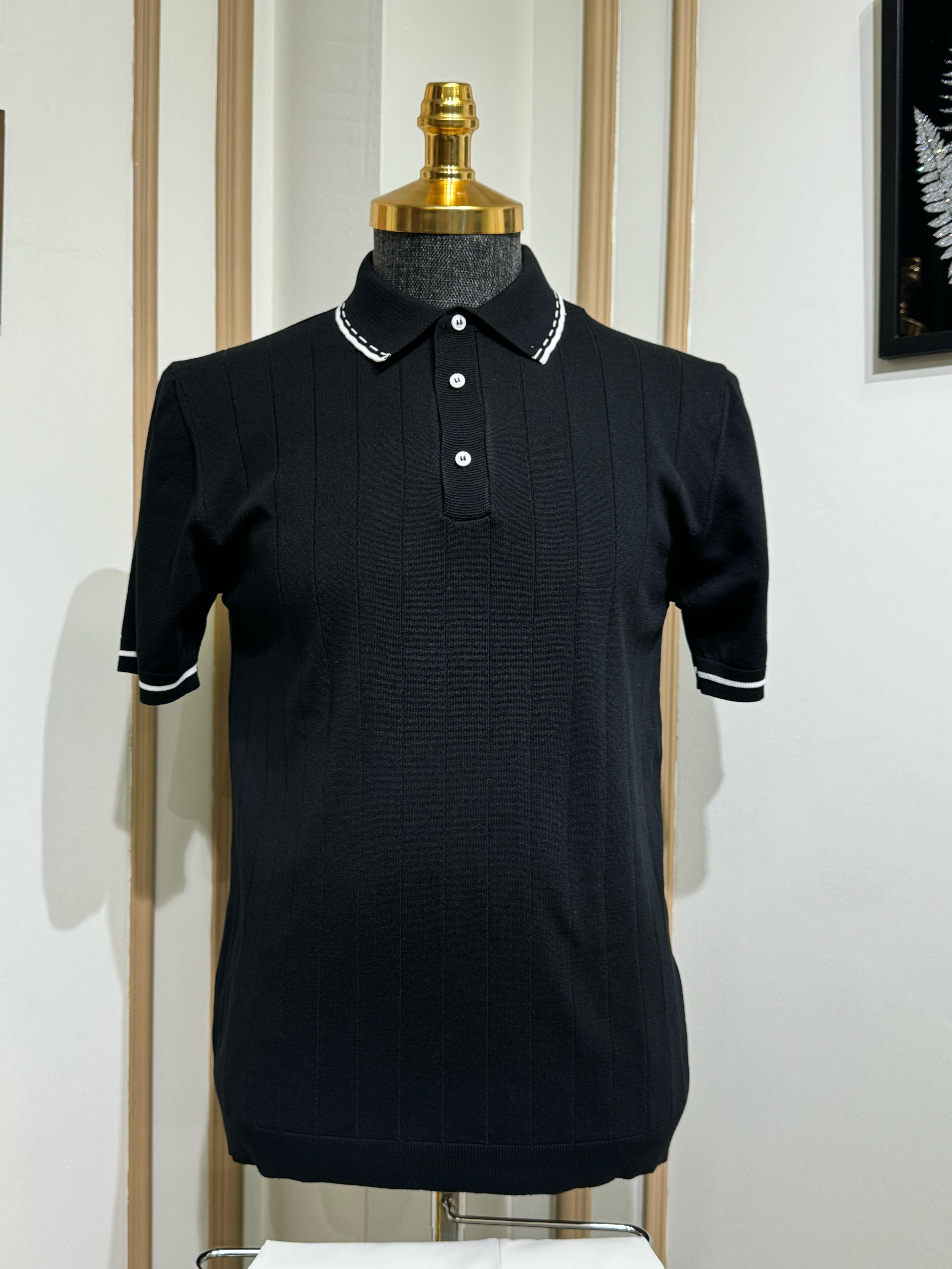 Çizgili Slim Fit Polo Yaka Triko T-Shirt - siyah
