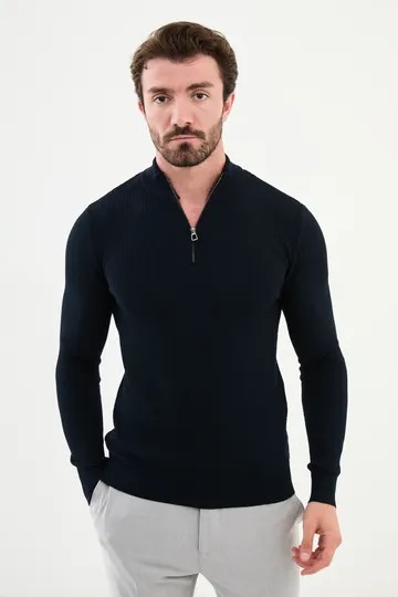 Yarım Balıkçı Yaka  Fermuarlı Slim Fit Dokulu Triko/Kazak