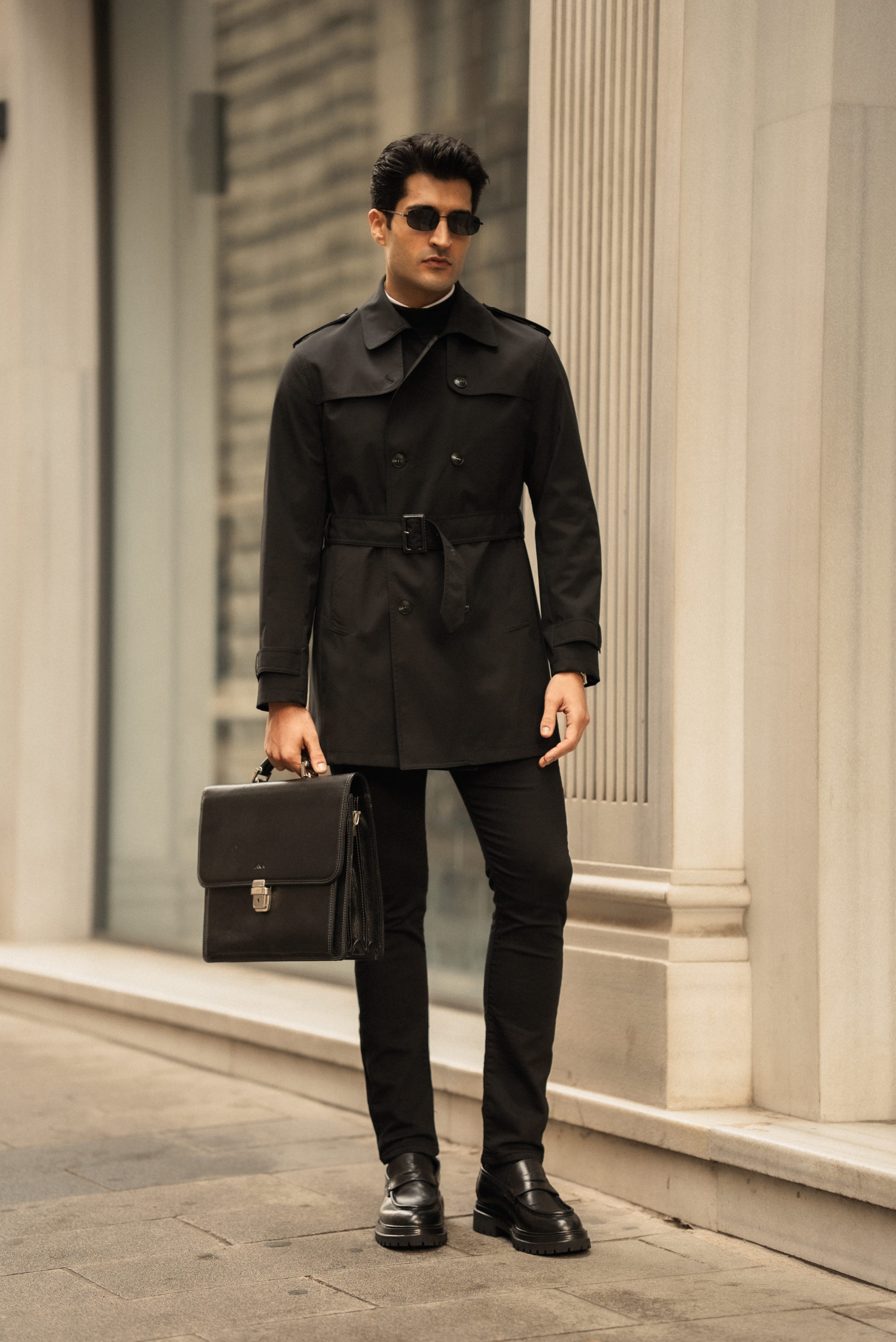 Düz Slim Fit Kemerli Trenchcoat