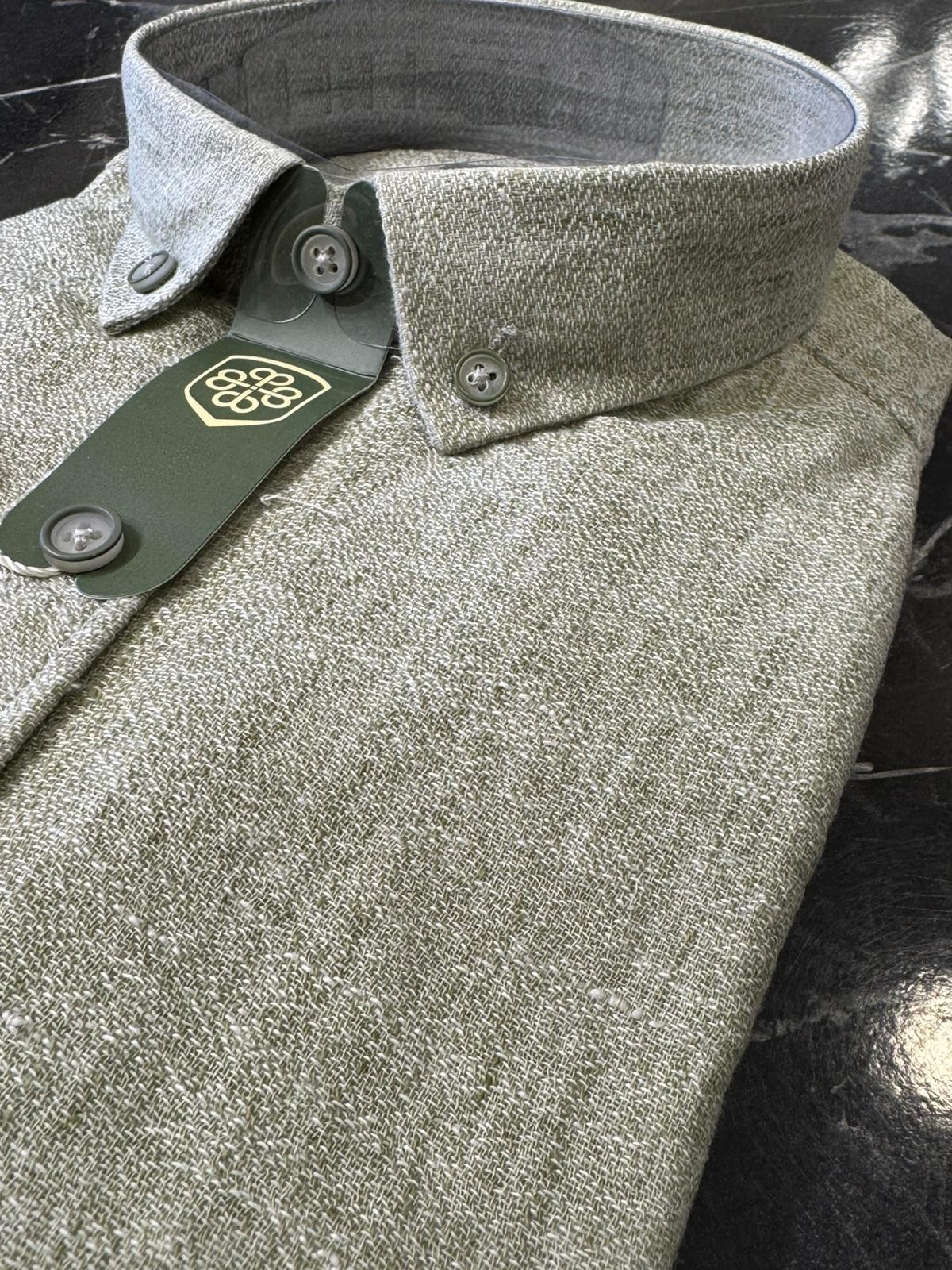 Slim Fit Uzun Kollu Keten Gömlek - Haki