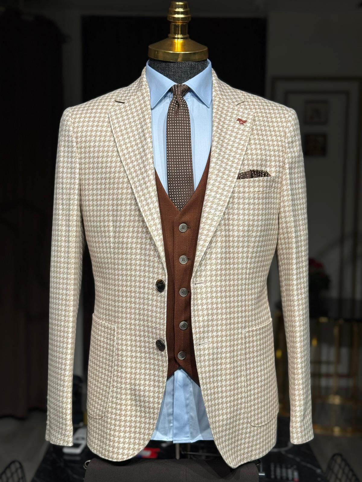 Kaz Ayağı Desen Slim Fit Mono Yaka Ceket