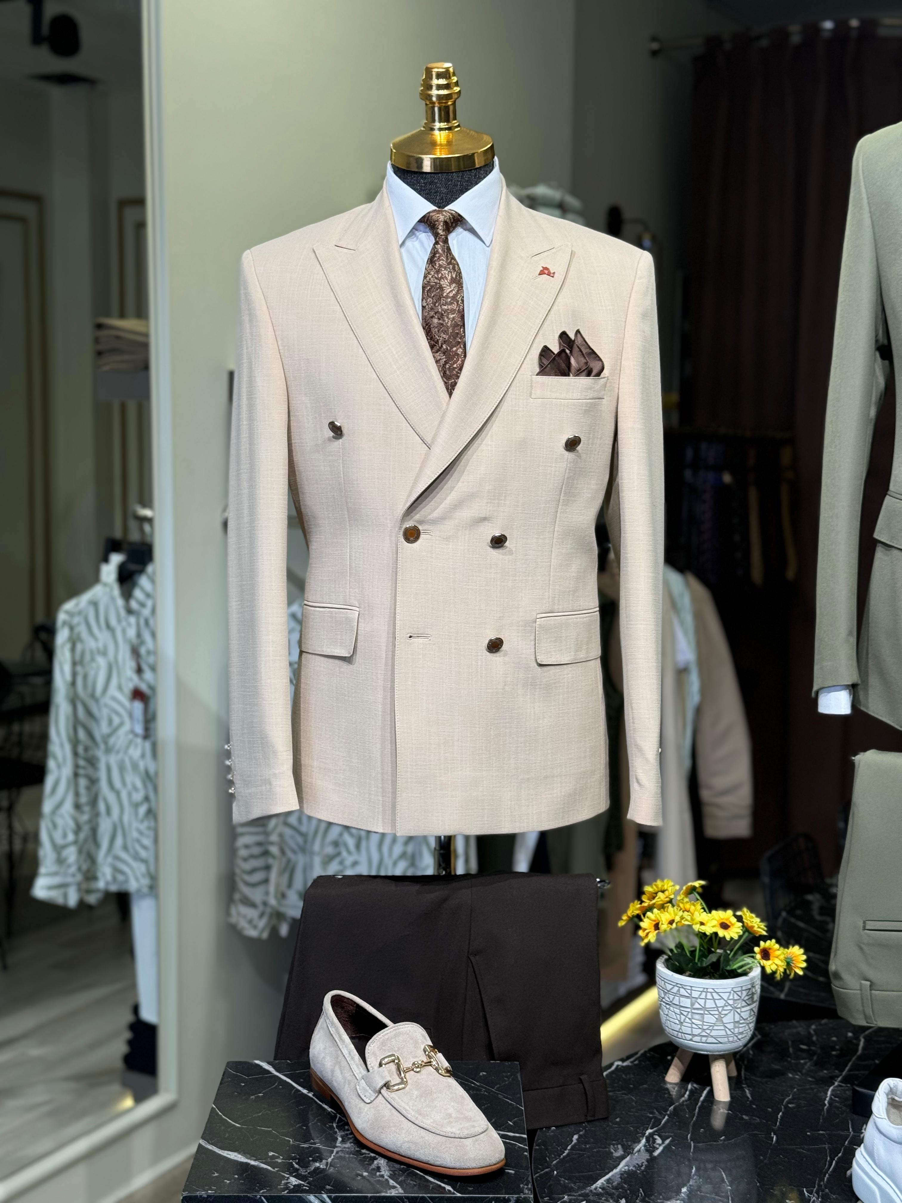 Düz Slim Fit Kruvaze Takım Elbise  - Bej
