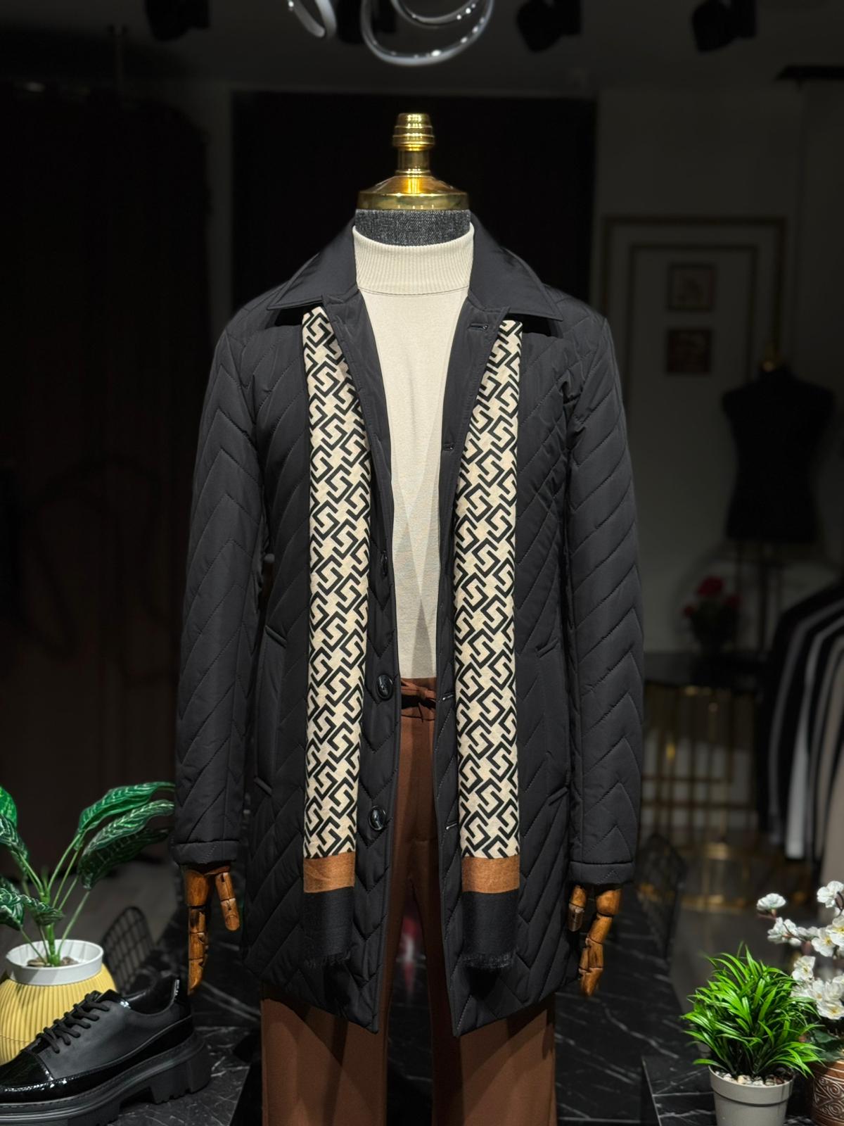 Desenli Slim Fit Gömlek Yaka Trench Kaban - Siyah