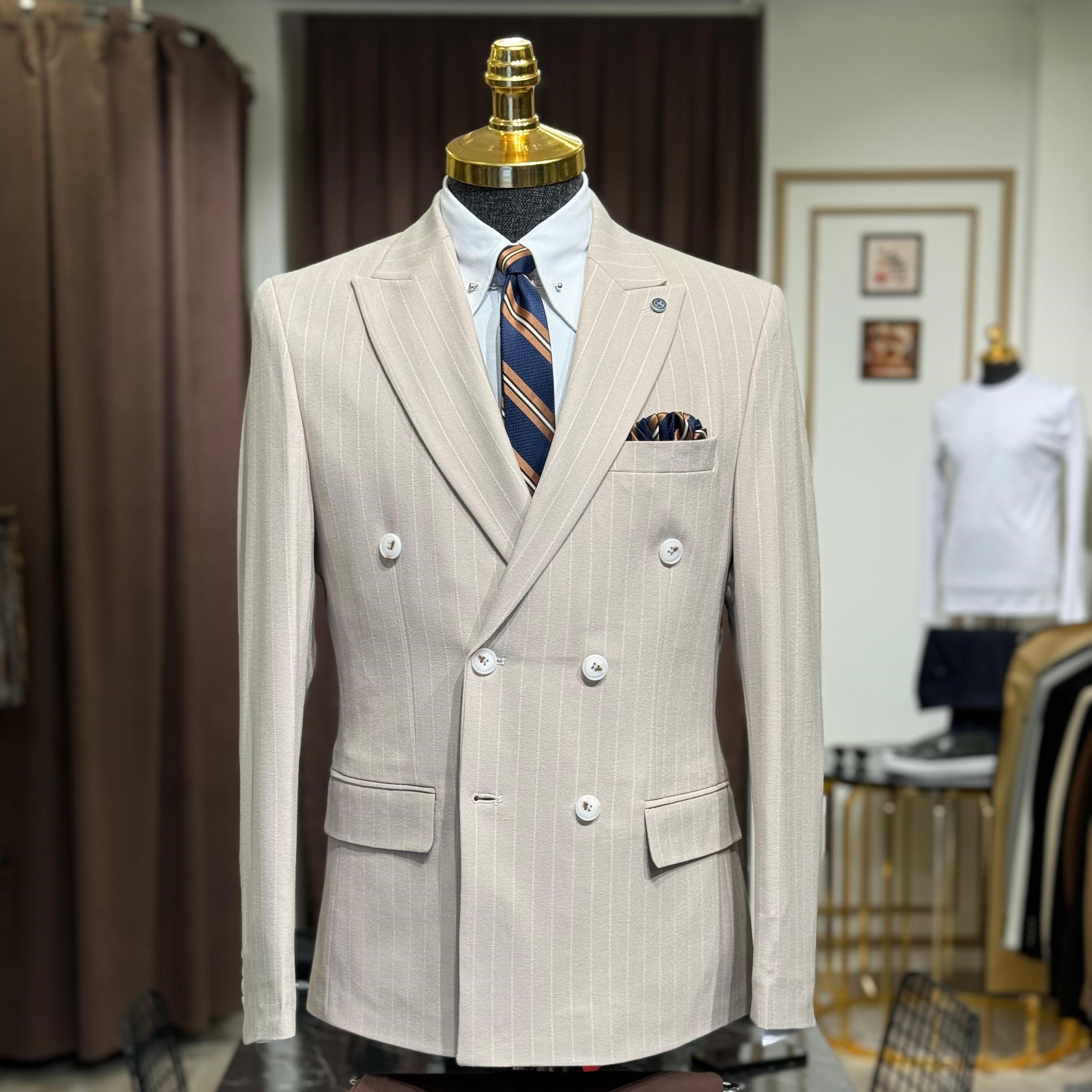 Slim Fit İtalyan Kesim Çizgili Kruvaze Ceket  - Bej