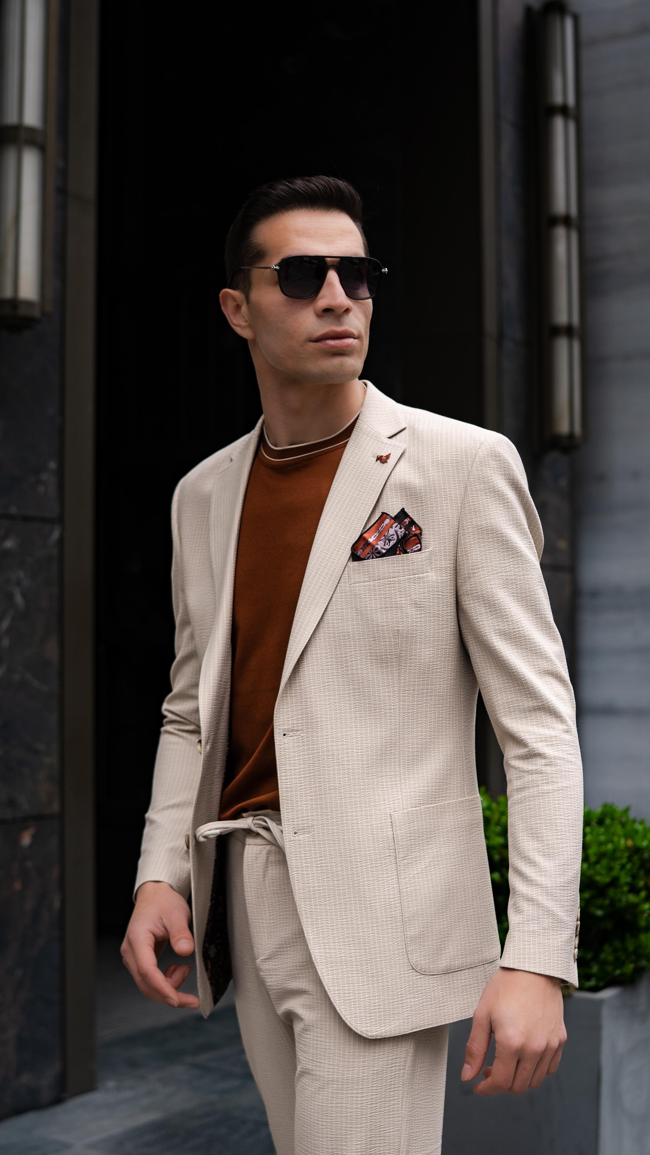 Çizgili Slim Fit Gofre Kumaş Takım Elbiise 