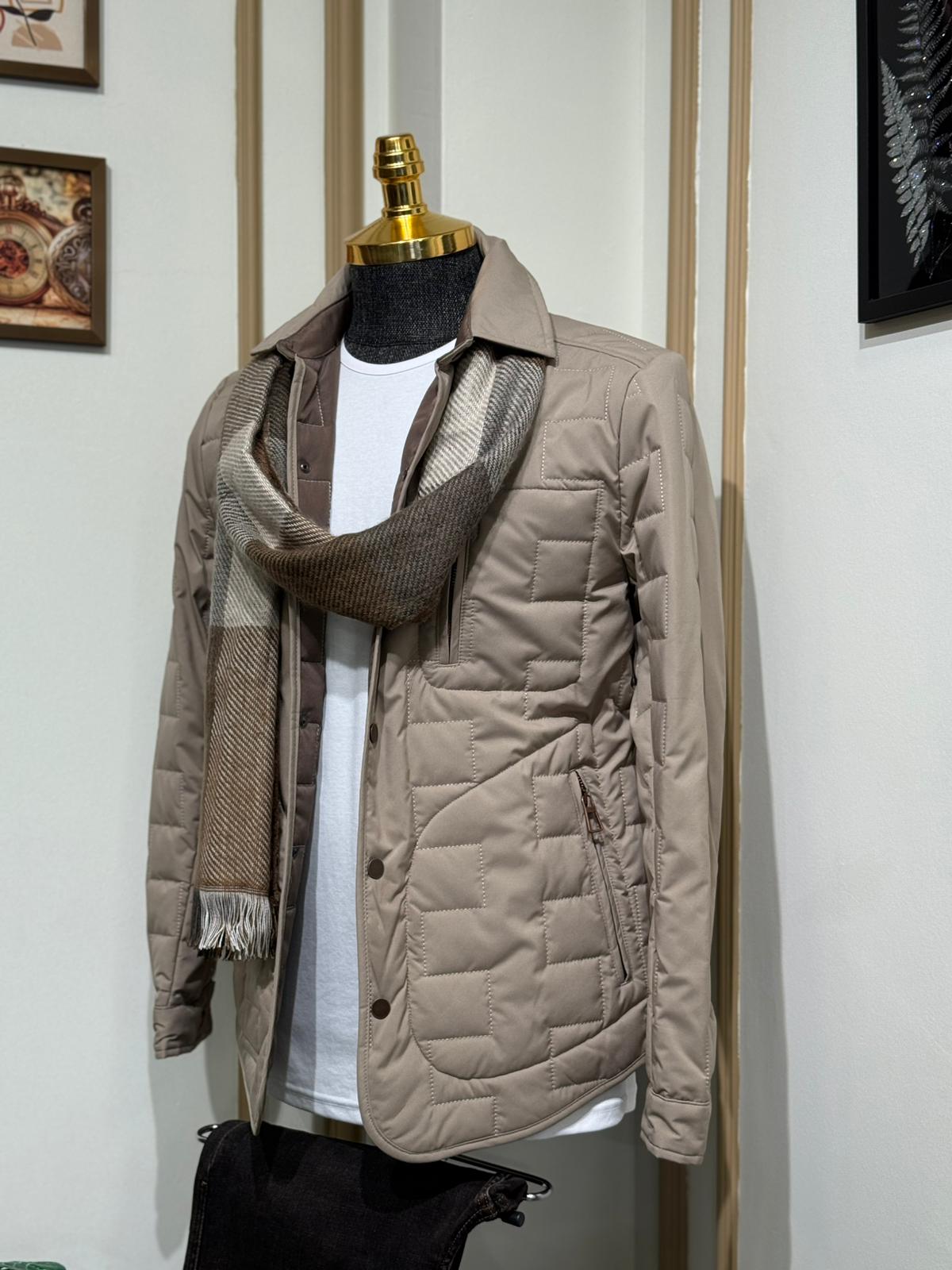 Slim Fit Desenli Gömlek Yaka Mont - Bej