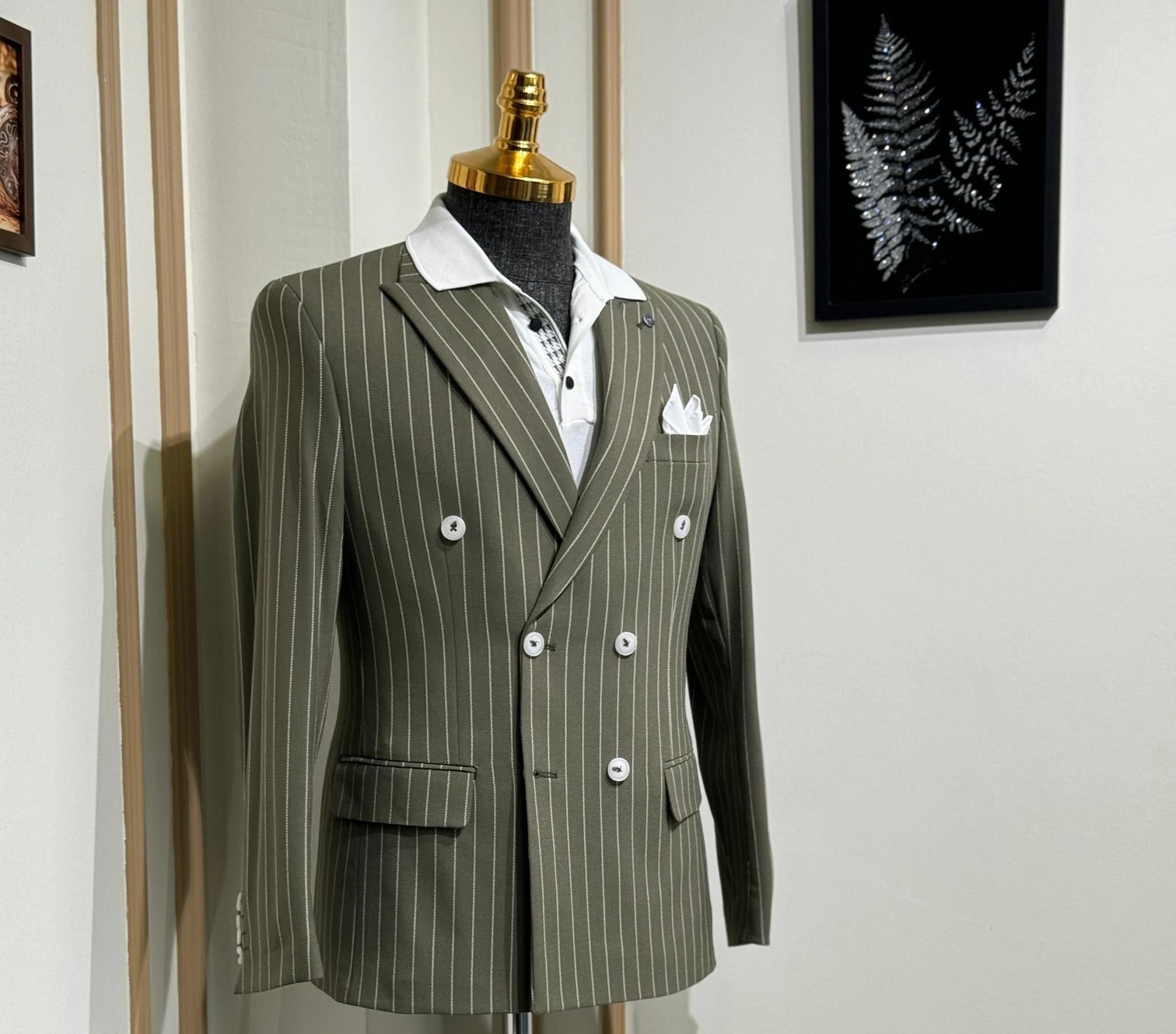Slim Fit İtalyan Kesim Çizgili Kruvaze Ceket 