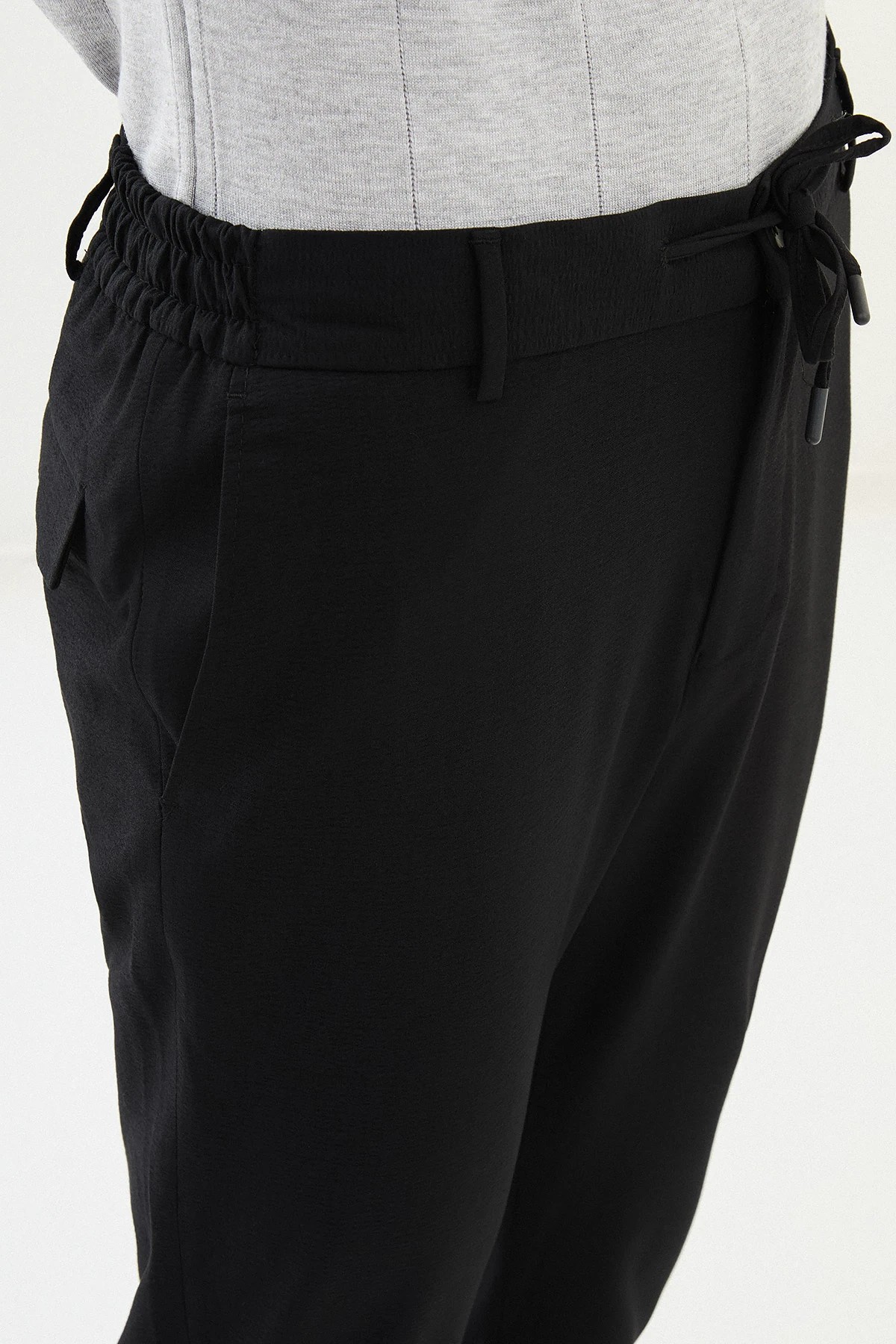 Gofreli Slim Fit Beli Lastikli İpli  Pantolon  - siyah