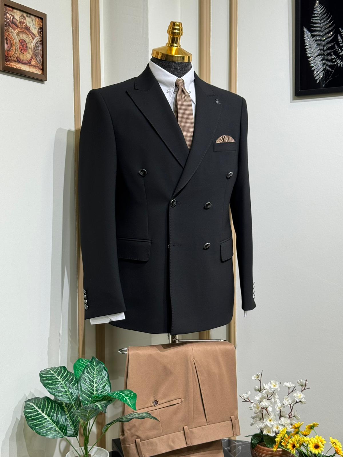 Slim Fit Geniş Yaka Kruvaze Yün Ceket