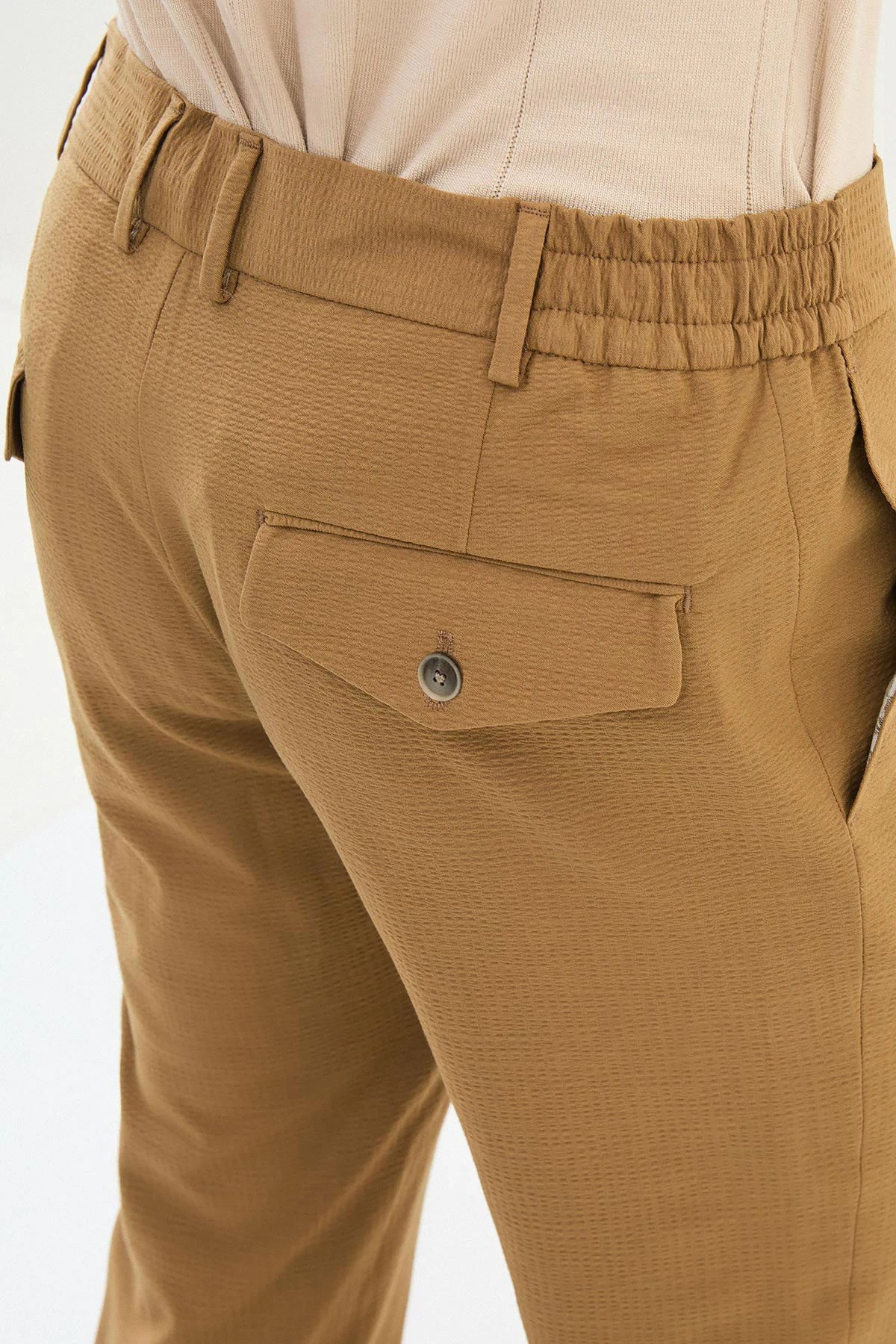 Gofreli Slim Fit Beli Lastikli İpli  Pantolon  - Camel
