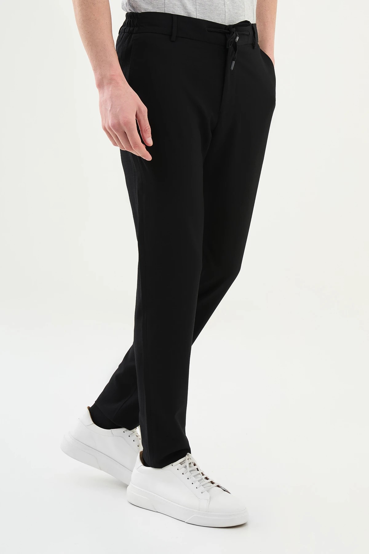 Gofreli Slim Fit Beli Lastikli İpli  Pantolon  - siyah