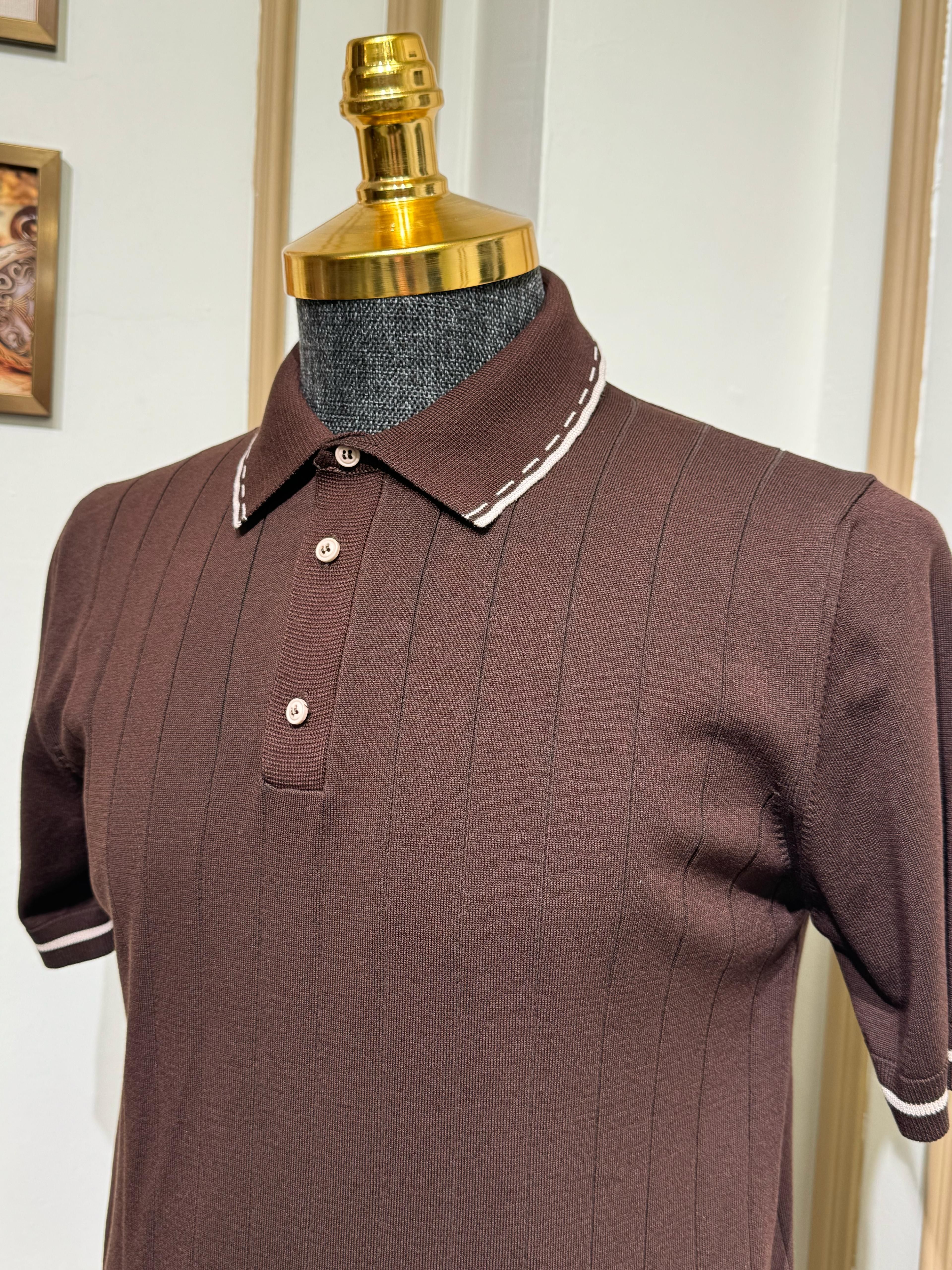 Çizgili Slim Fit Polo Yaka Triko T-Shirt - Kahverengi