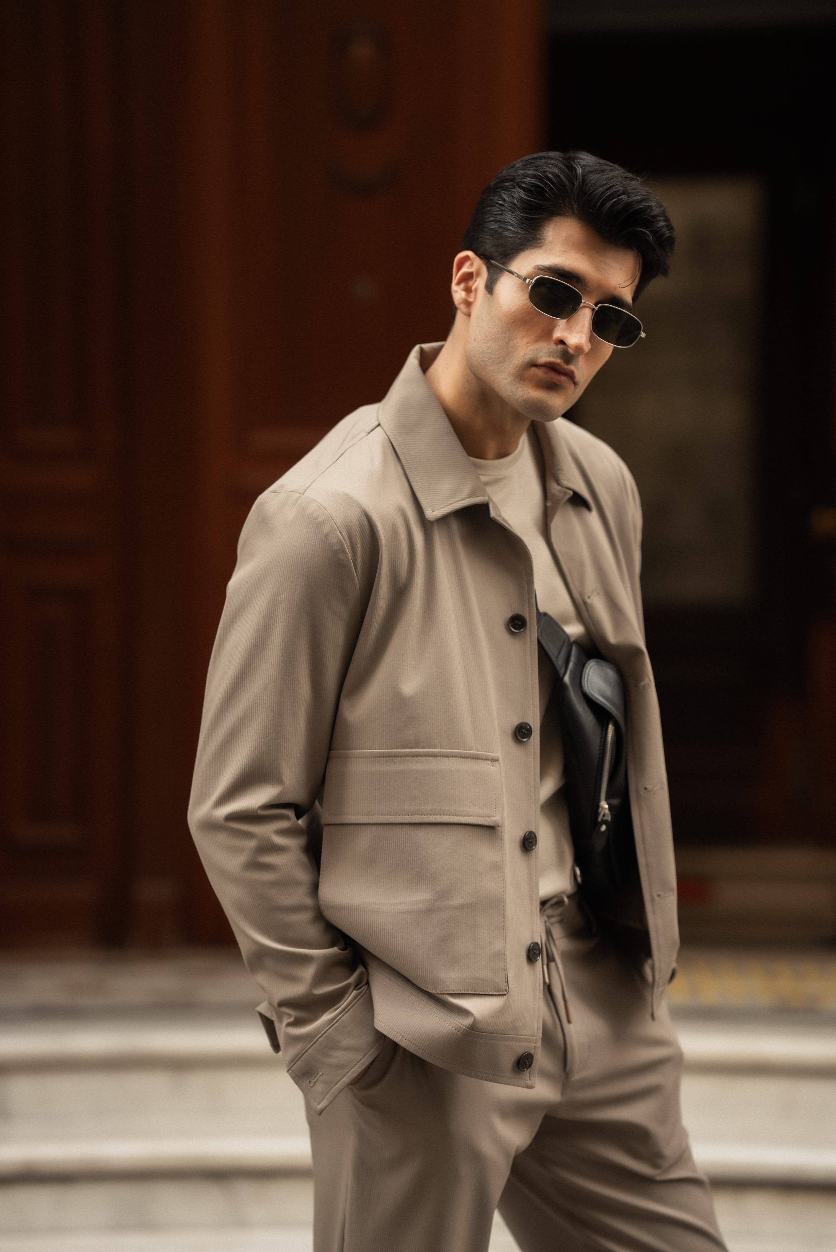 Çizgili Slim Fit Erkek Mont Pantolon Spor Takım Elbise  - Koyu Bej