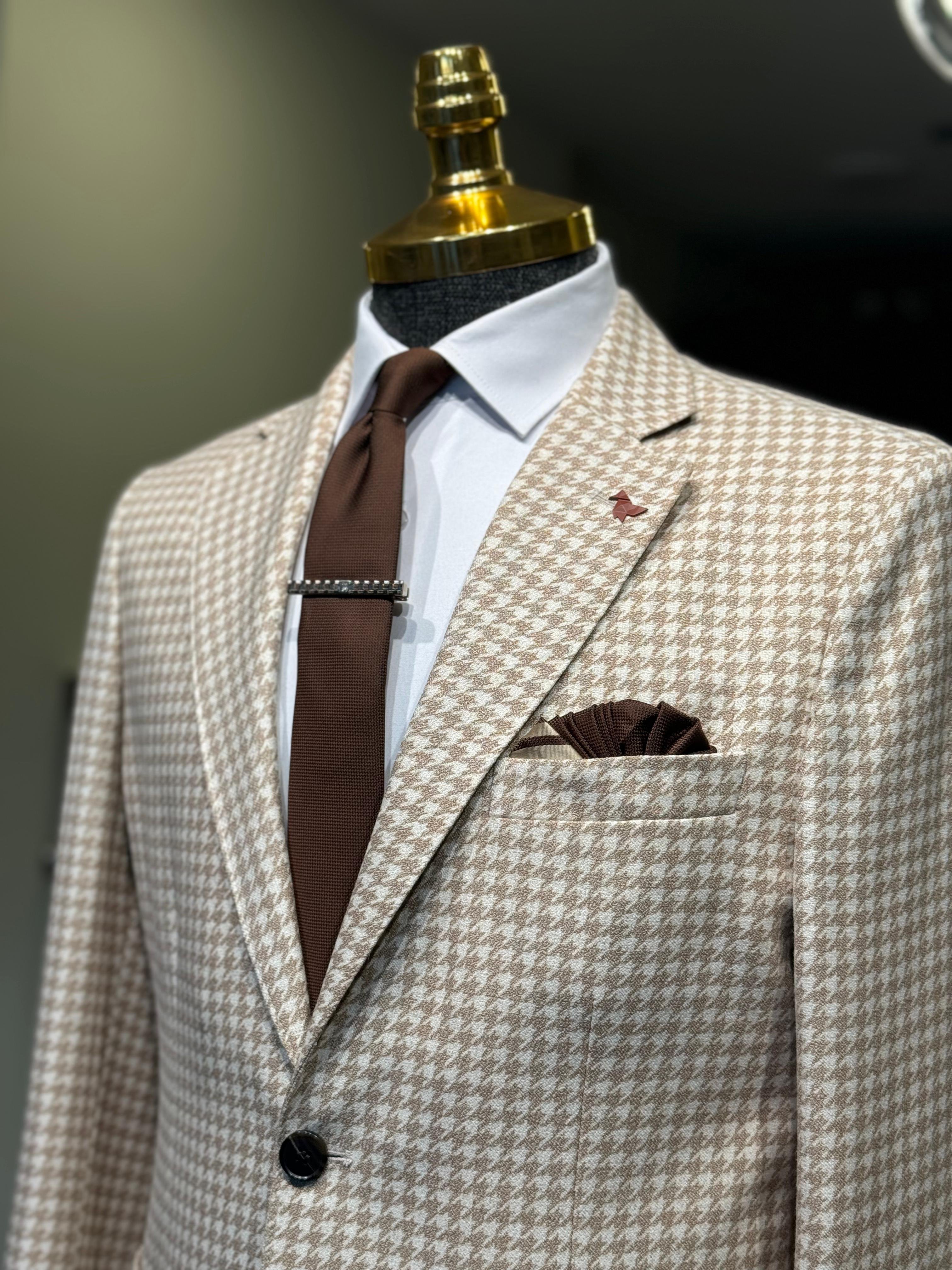Slim Fit Kaz Ayağı Desen Takım Elbise 