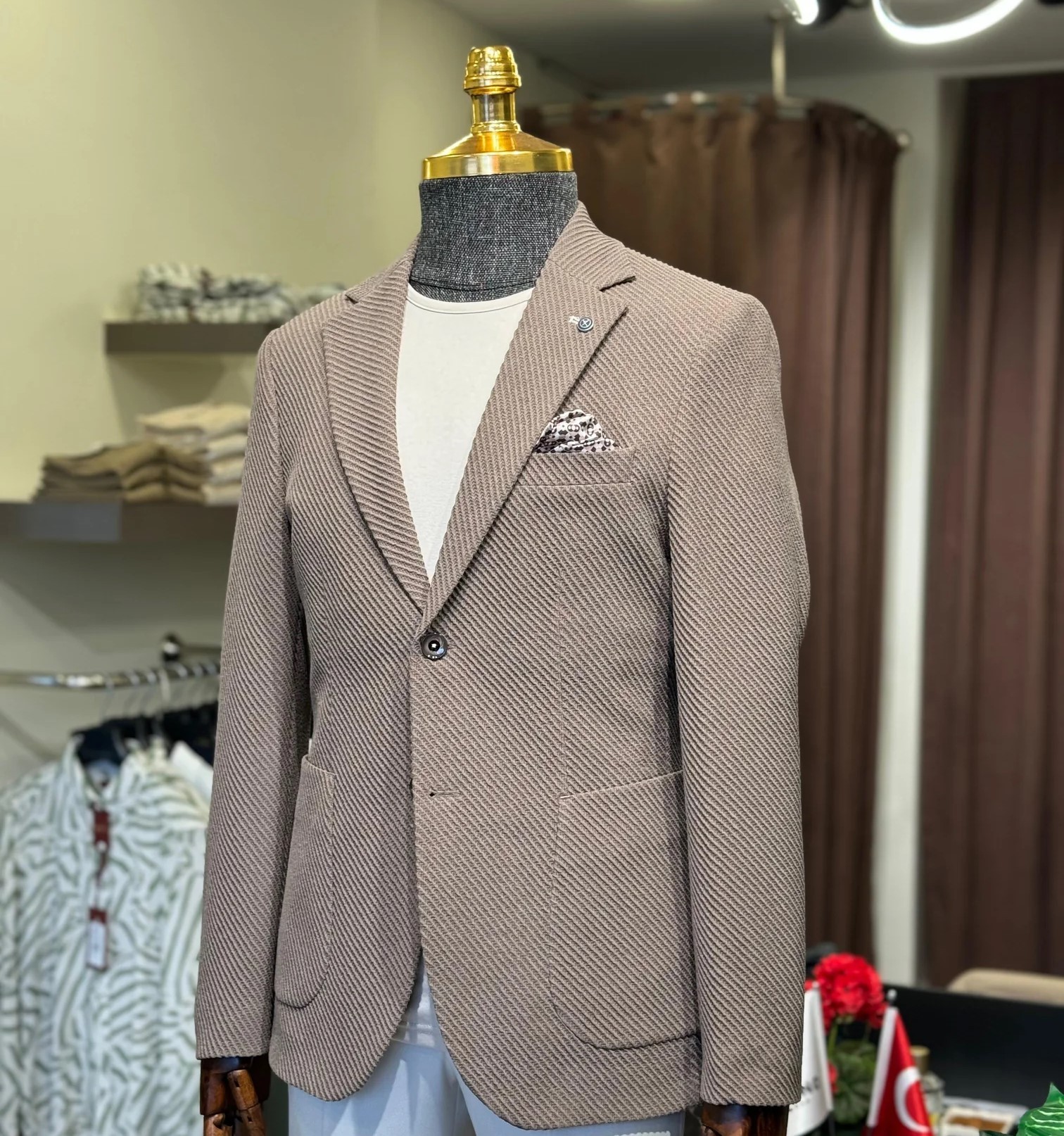 Slim Fit Kendinden Desenli Mono Yaka Ceket 