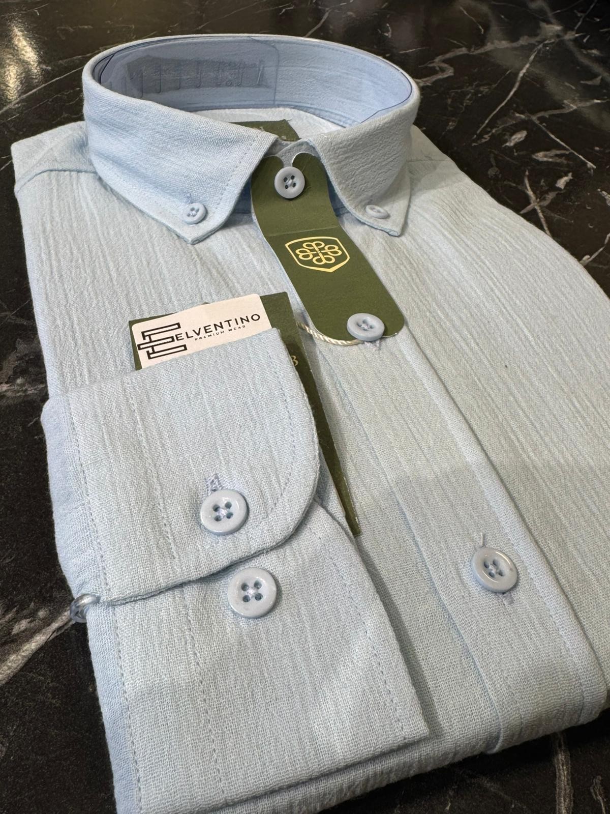 Slim Fit Şile Bezi Uzun Kollu Keten Gömlek - Mavi