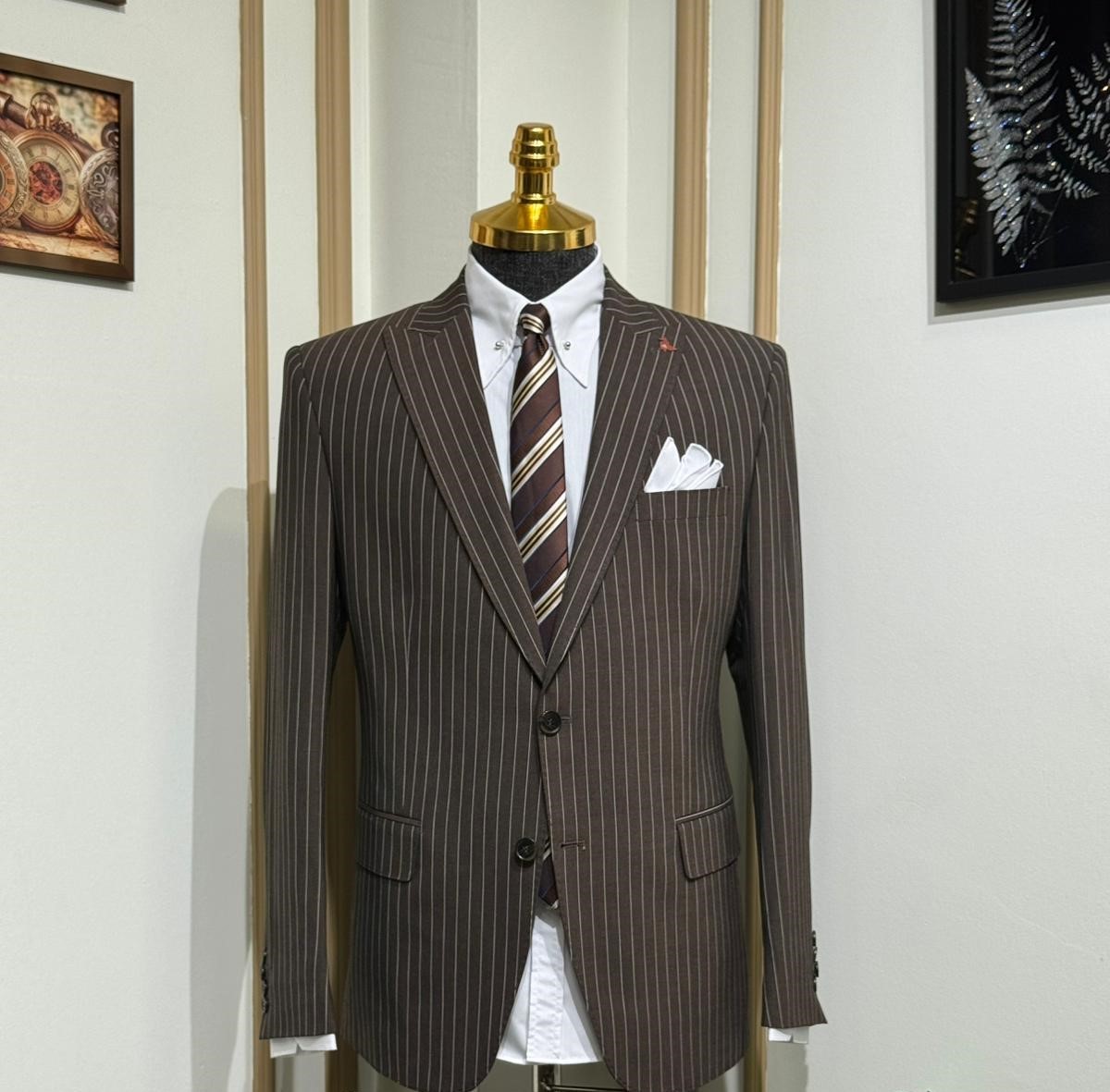 Çizgili Slim Fit Geniş Yaka Kruvaze Ceket 