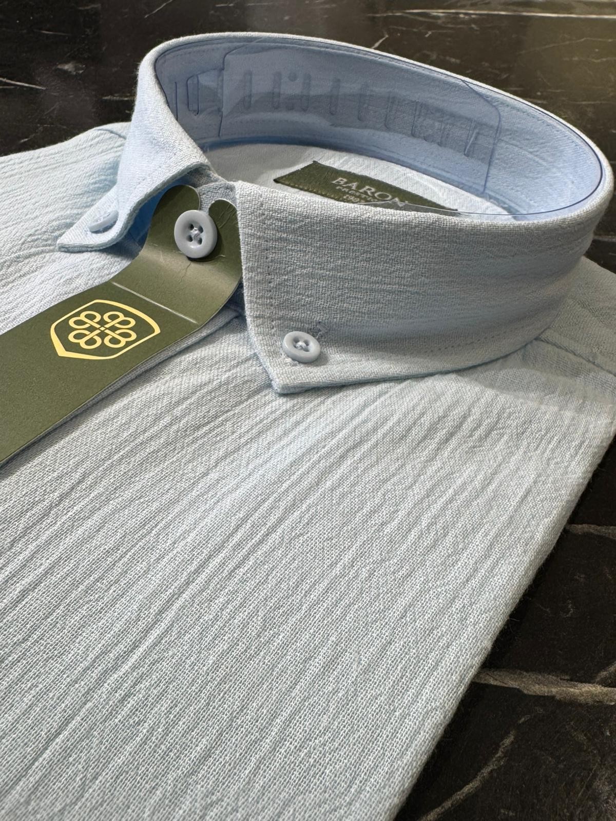 Slim Fit Şile Bezi Uzun Kollu Keten Gömlek - Mavi