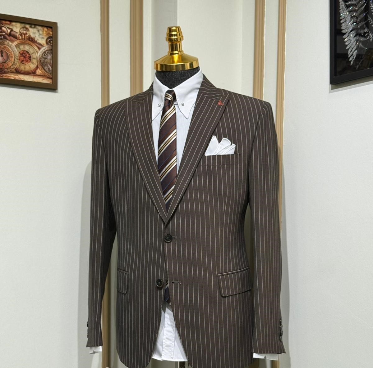 Çizgili Slim Fit Geniş Yaka Kruvaze Ceket 