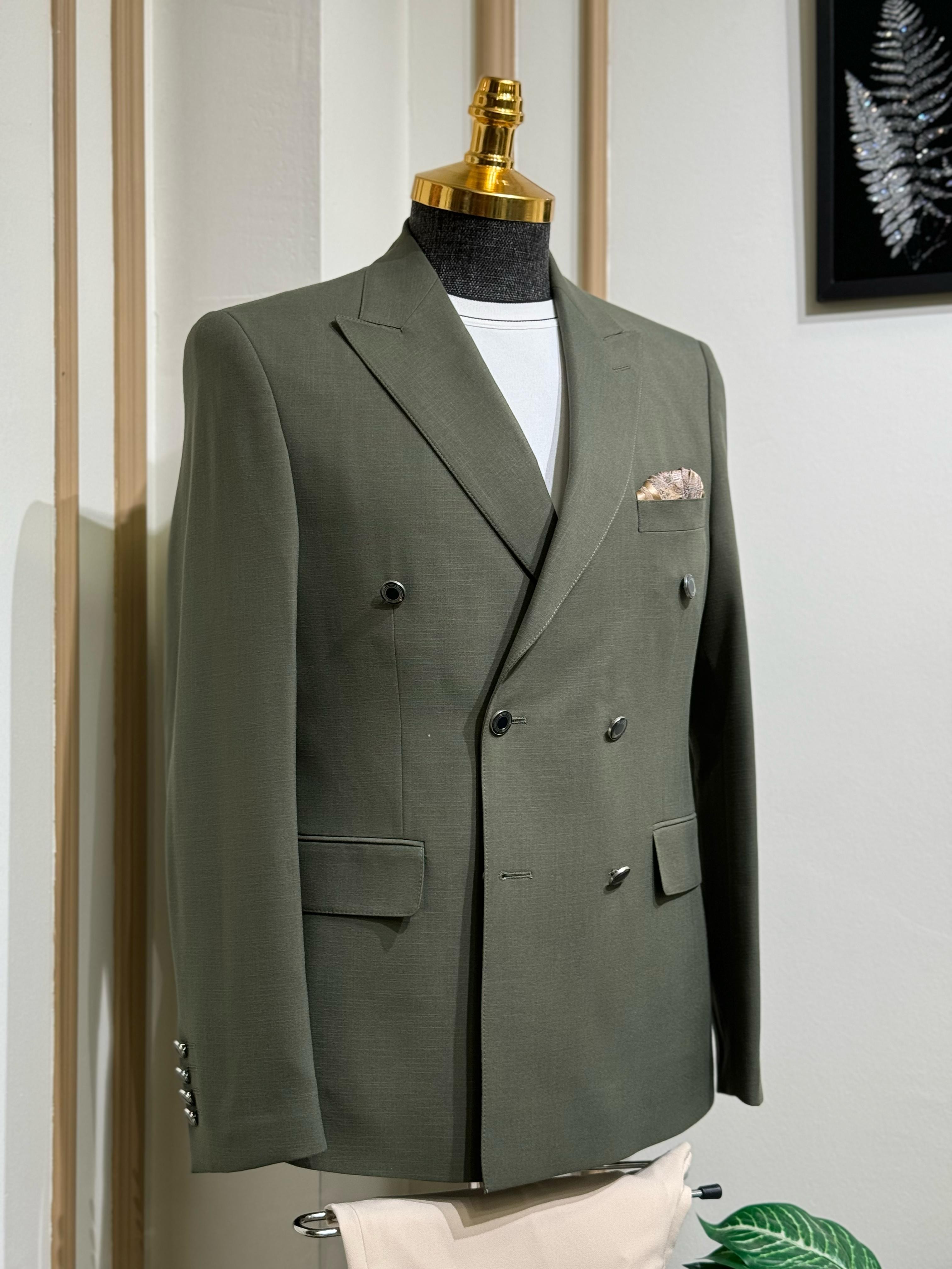 Düz Slim Fit Mono Yaka Kruvaze Ceket  - Haki