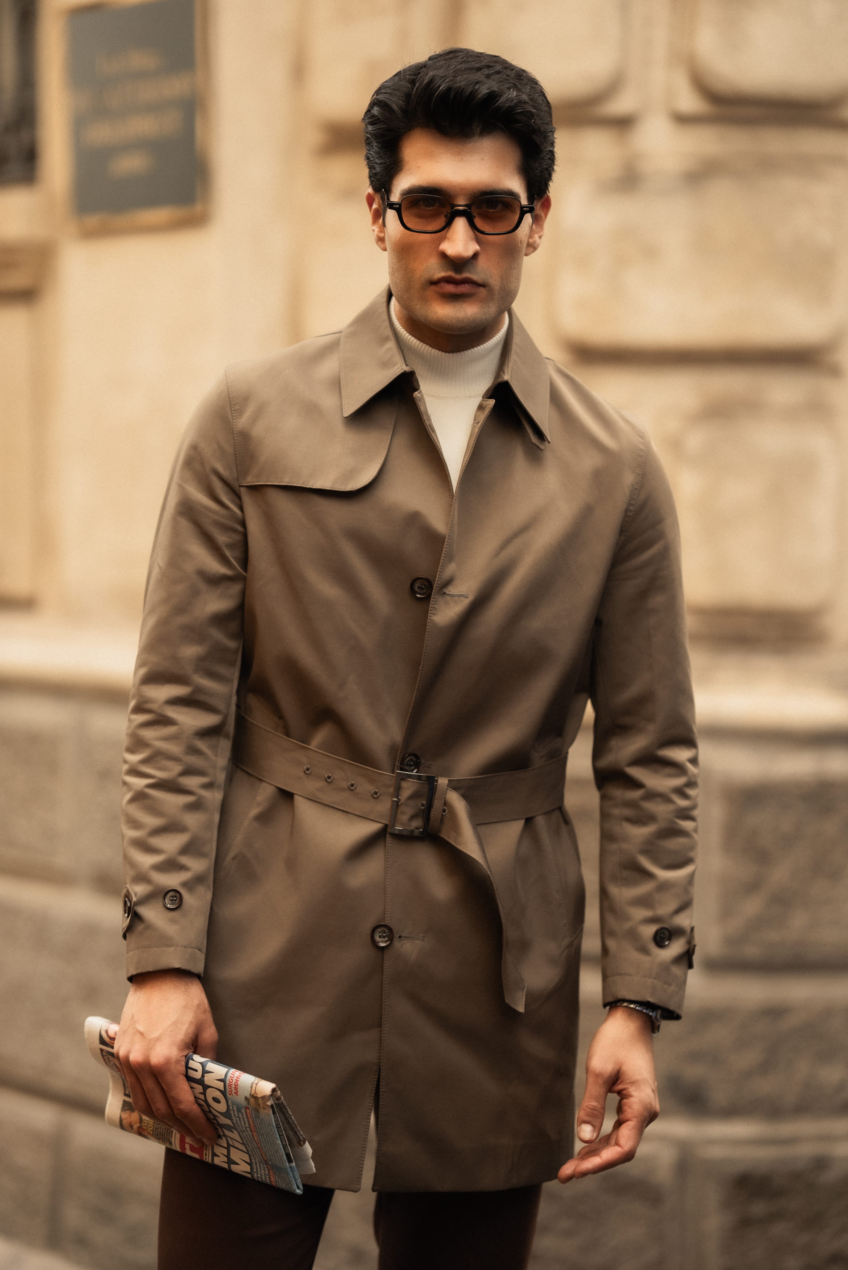 Slim Fit Kemer Tokalı Yan Cep Detaylı Trench Kaban - Haki
