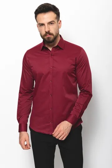 Düz Slim Fit Pamuk Likralı Klasik Gömlek - Bordo