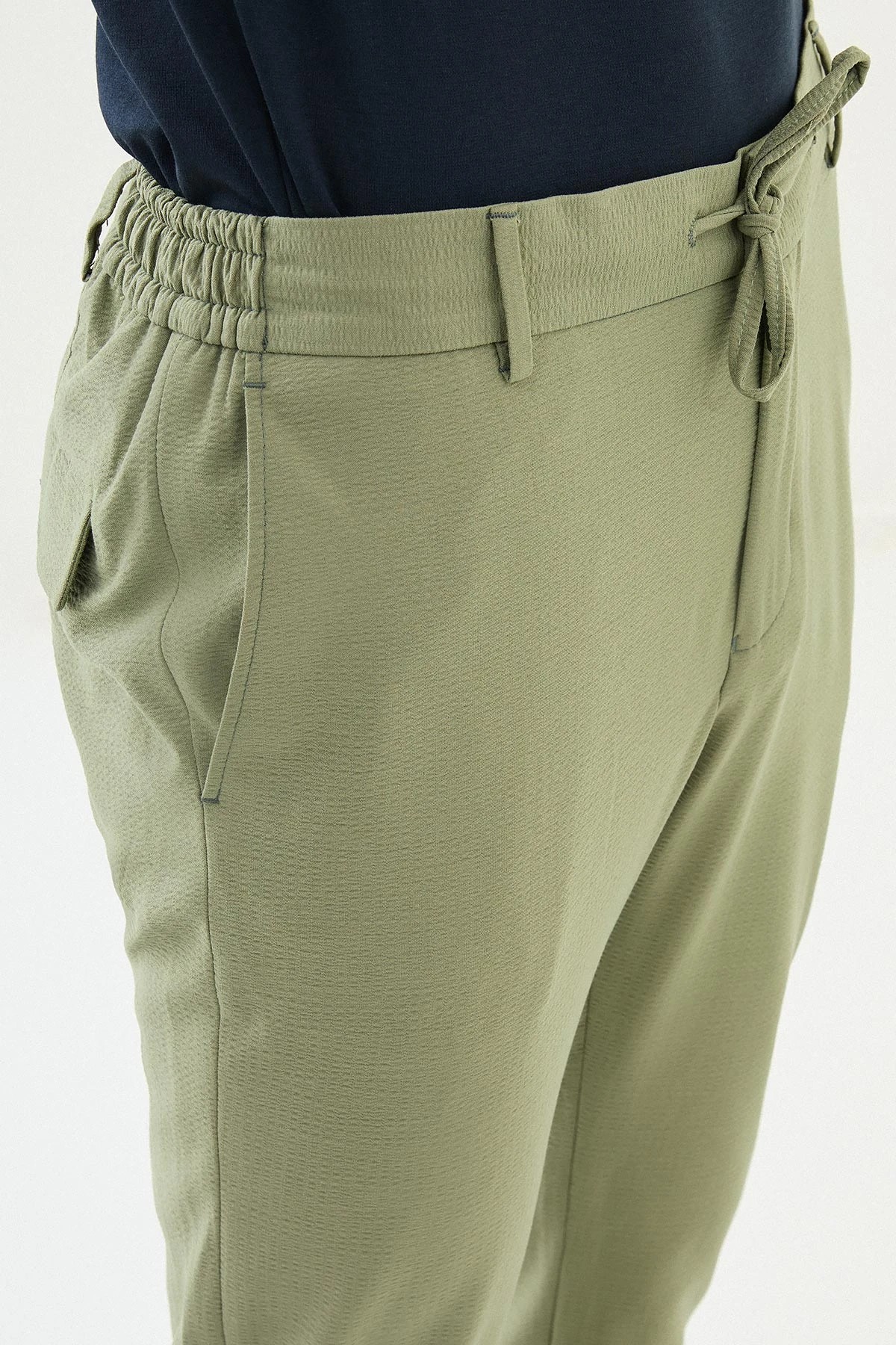 Gofreli Slim Fit Beli Lastikli İpli  Pantolon  - Haki