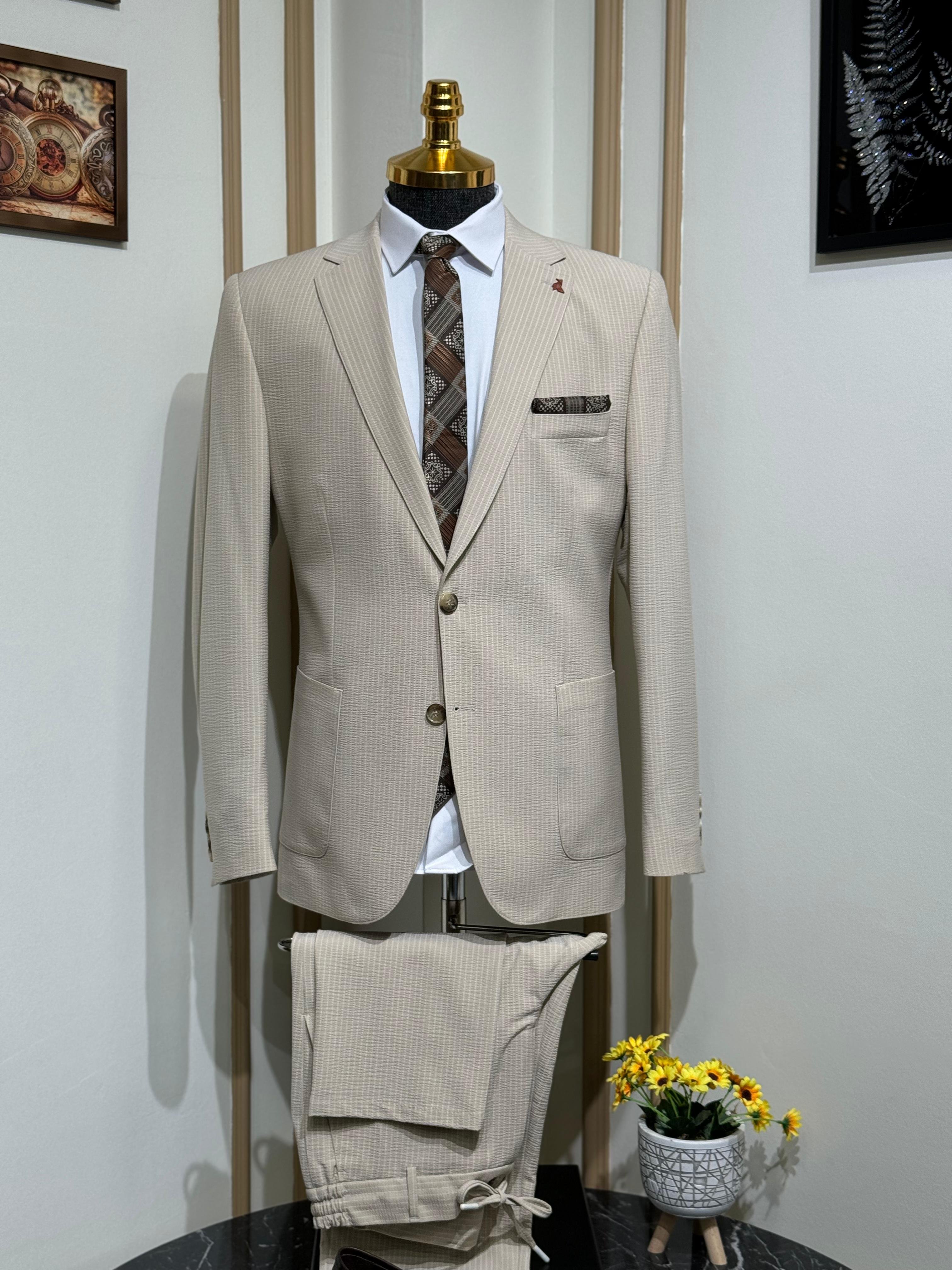 Çizgili Slim Fit Gofre Kumaş Takım Elbiise 