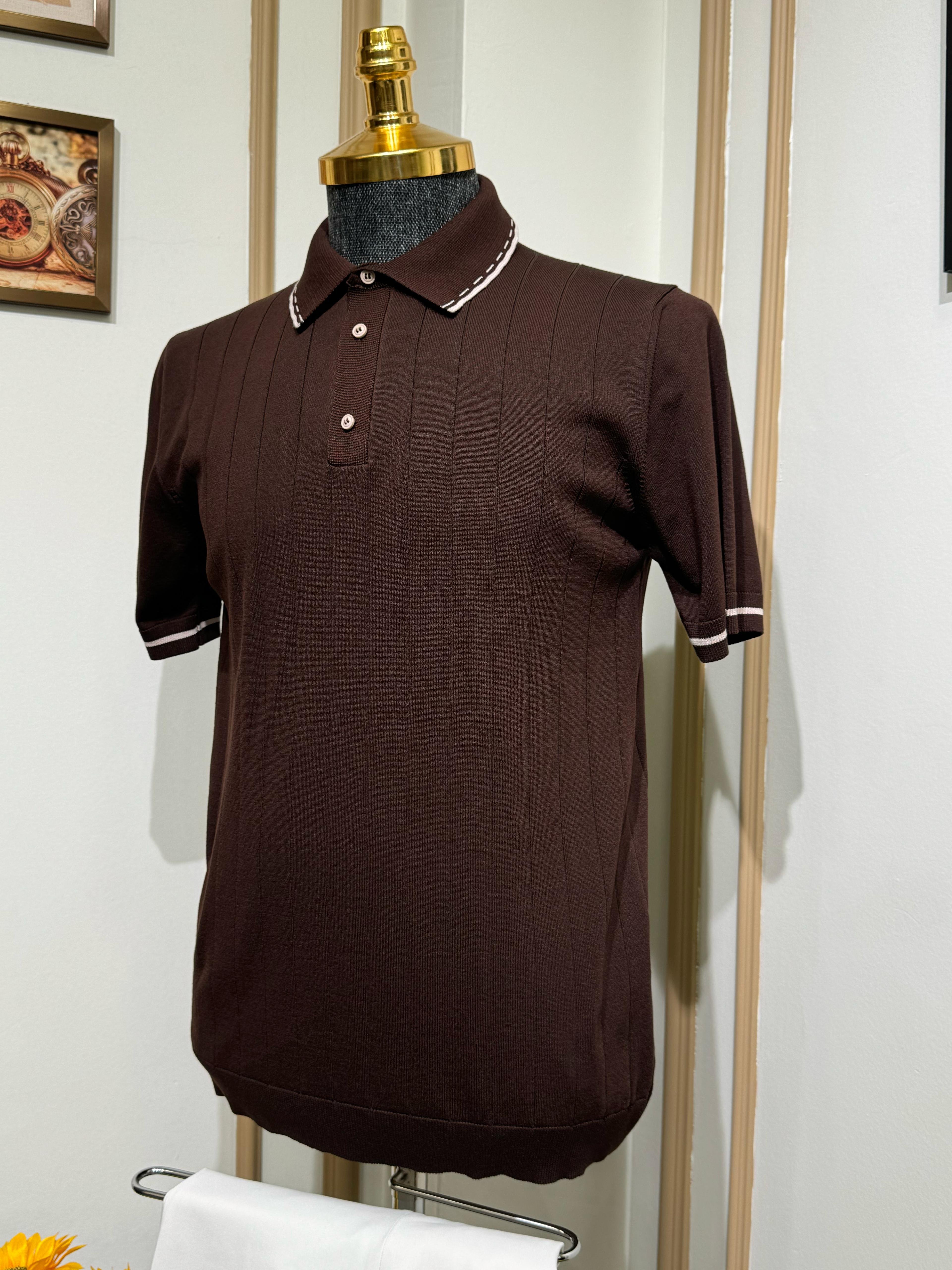 Çizgili Slim Fit Polo Yaka Triko T-Shirt - Kahverengi