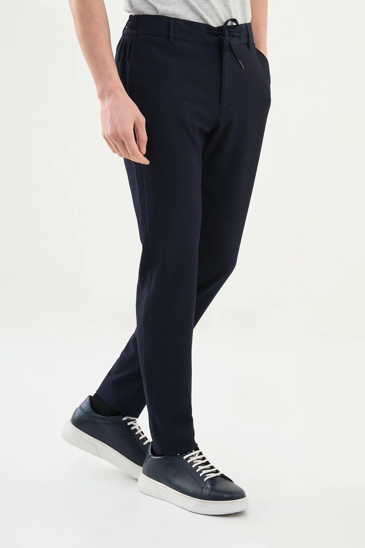 Gofreli Slim Fit Beli Lastikli İpli  Pantolon  - Lacivert