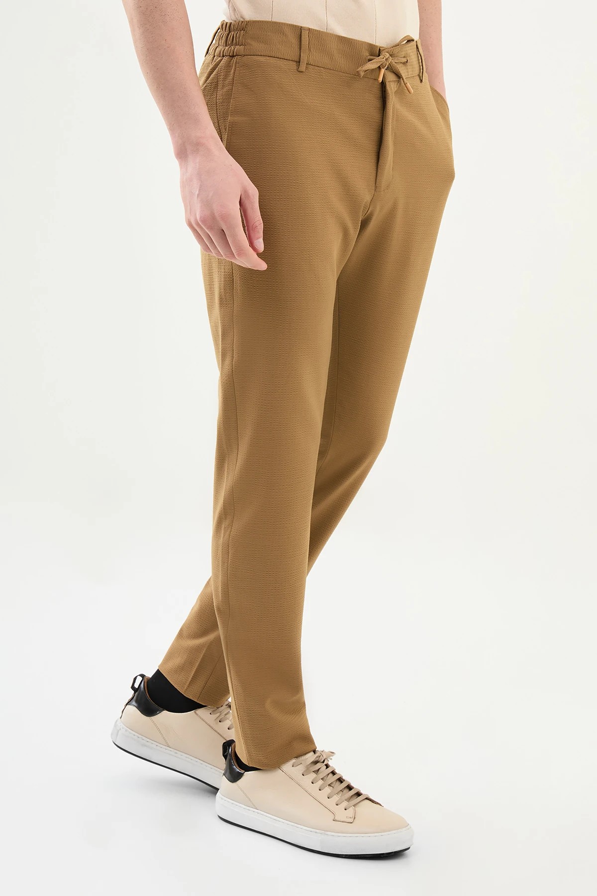 Gofreli Slim Fit Beli Lastikli İpli  Pantolon  - Camel