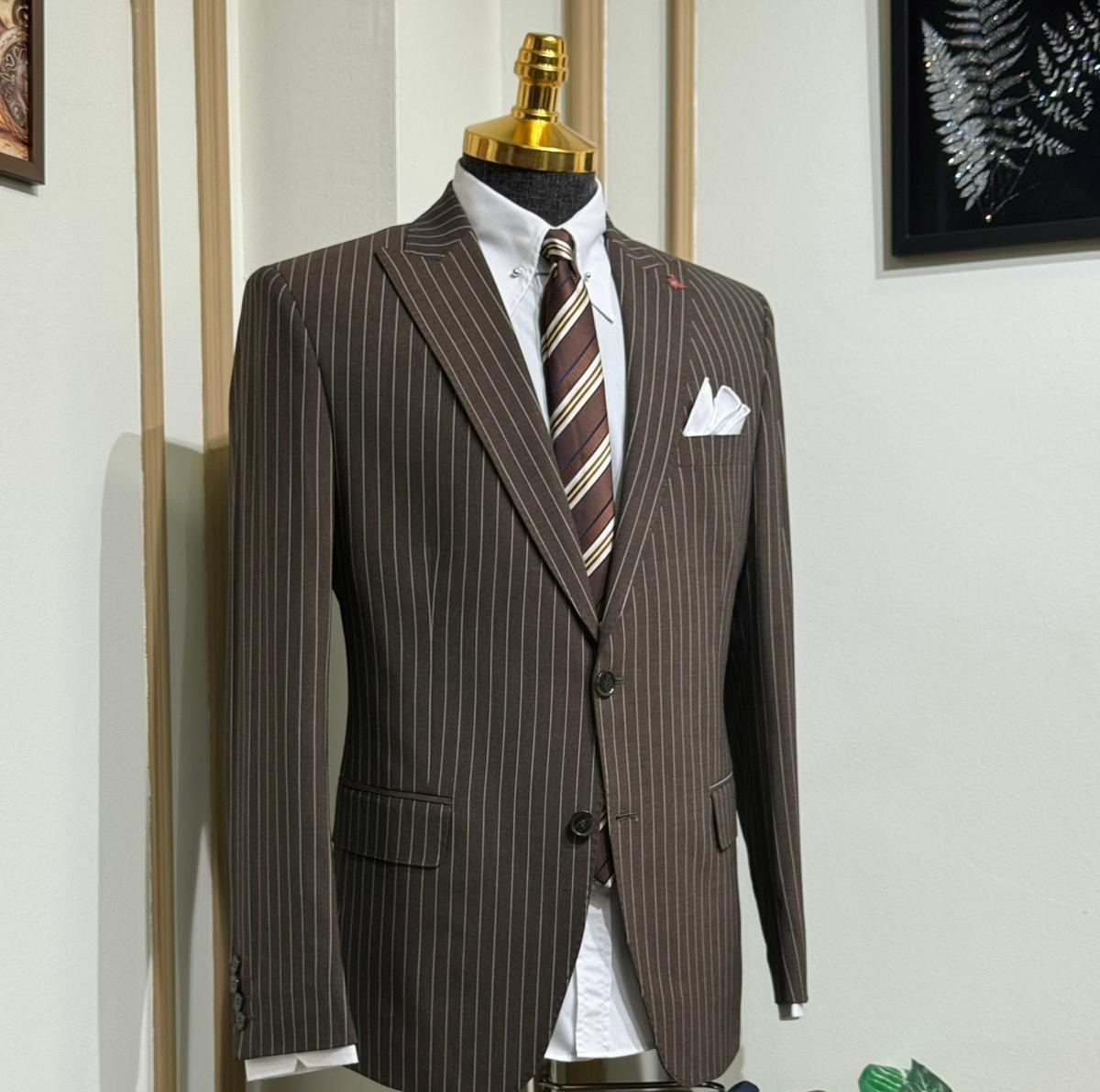 Çizgili Slim Fit Geniş Yaka Kruvaze Ceket 
