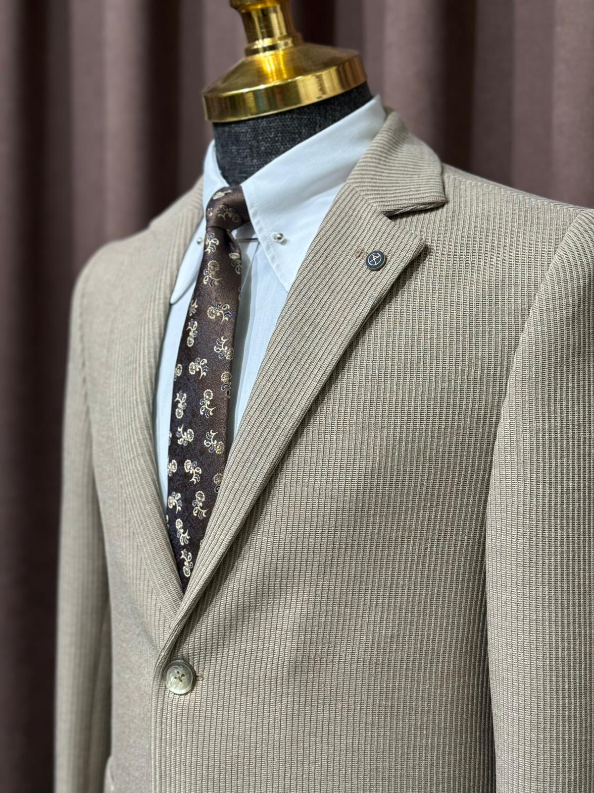 Slim Fit Desenli Torba Cep Detaylı Penye Kumaş Ceket  - Bej