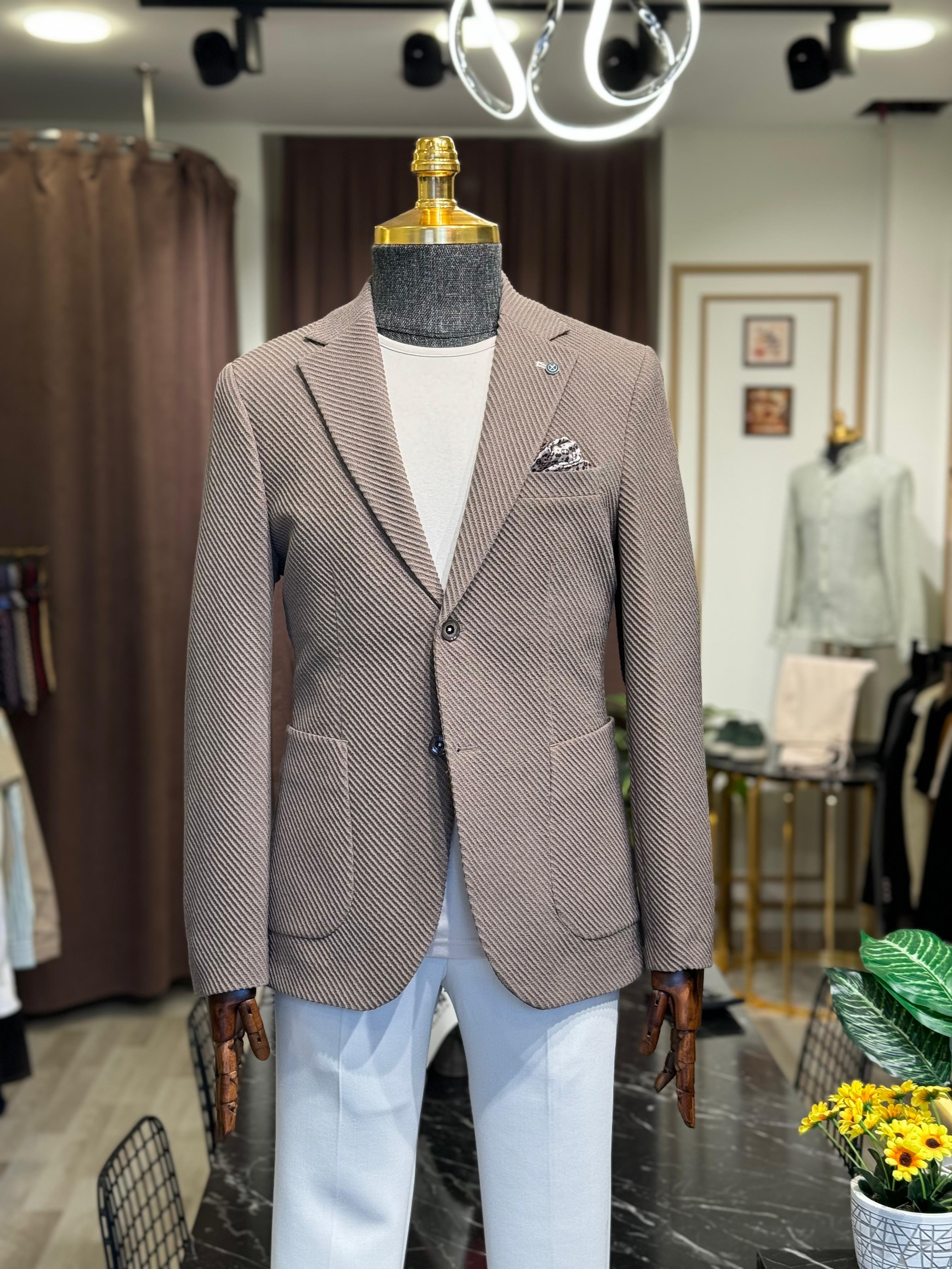 Slim Fit Kendinden Desenli Mono Yaka Takım Elbise
