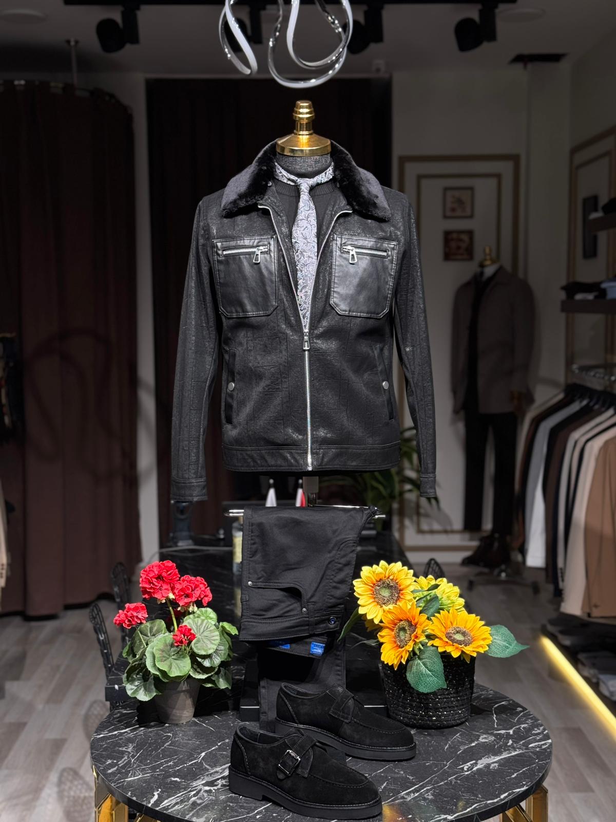 Slim Fit Desenli Fermuar Cep Detaylı Kürk Yaka Deri Mont