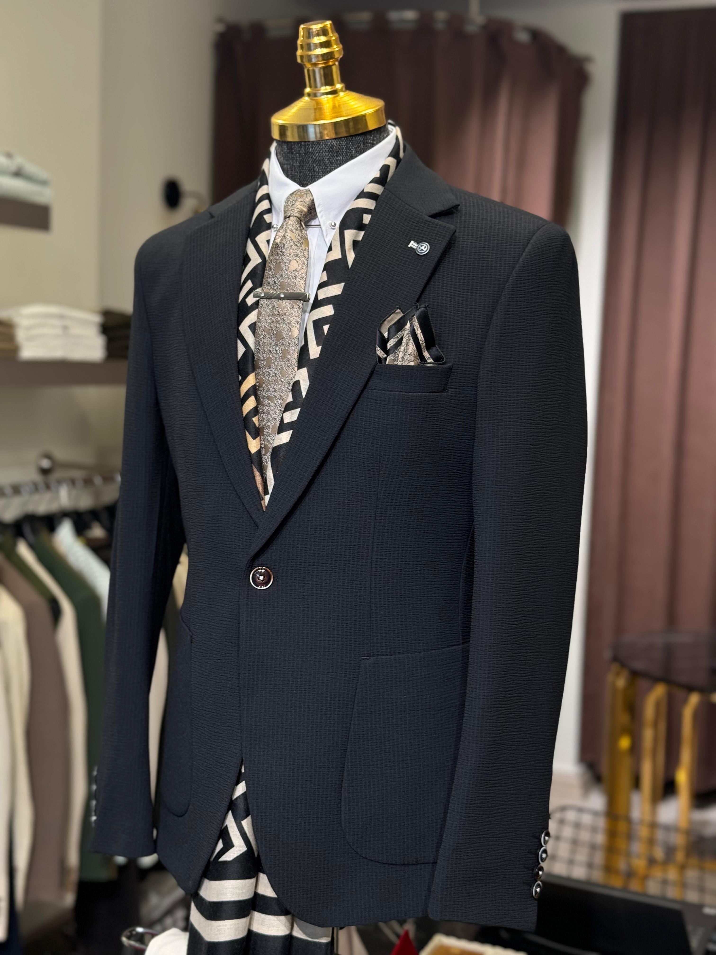 Slim Fit Gofre Kumaş Likralı Takım Elbise 