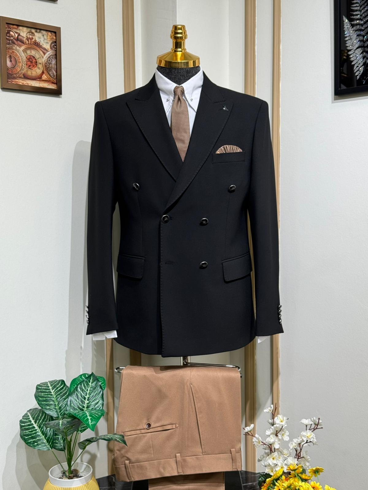 Slim Fit Geniş Yaka Kruvaze Yün Ceket