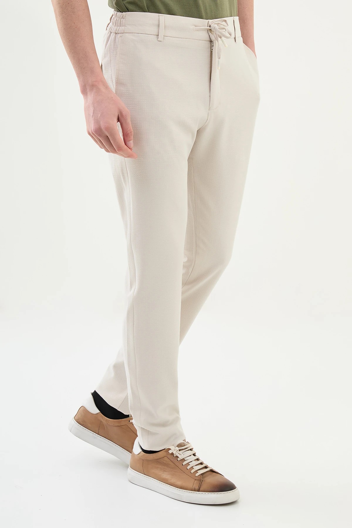 Gofreli Slim Fit Beli Lastikli İpli  Pantolon  - Bej
