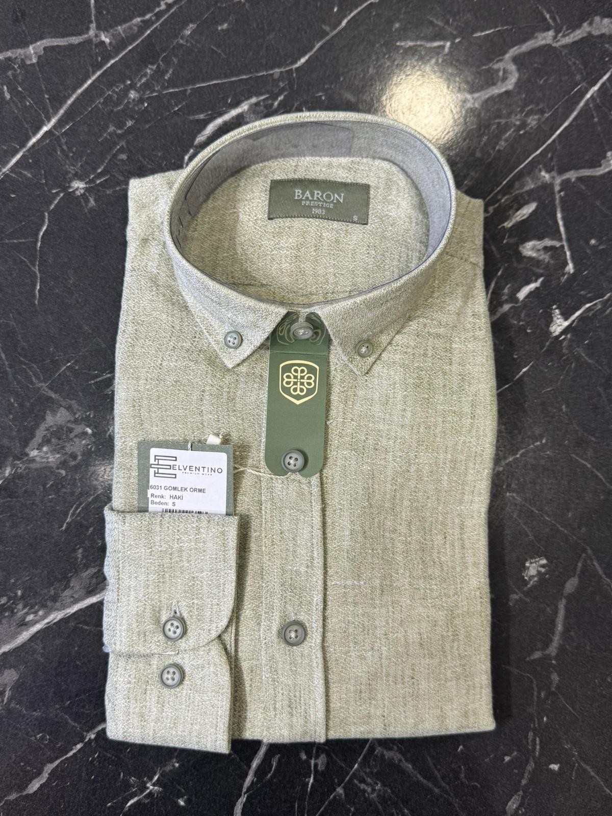 Slim Fit Uzun Kollu Keten Gömlek - Haki