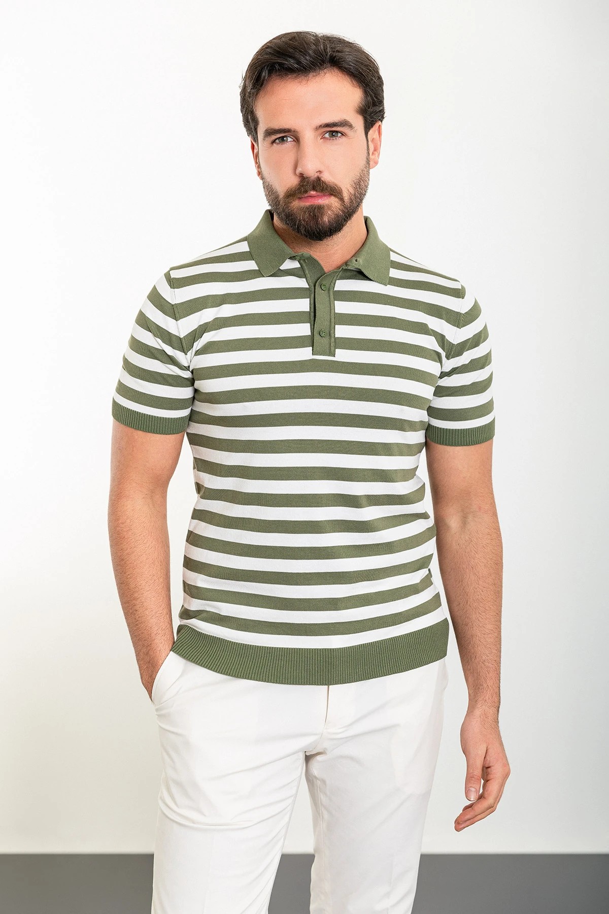 Yatay Çizgili Desen Slim Fit Polo Yaka Triko T-Shirt - Haki