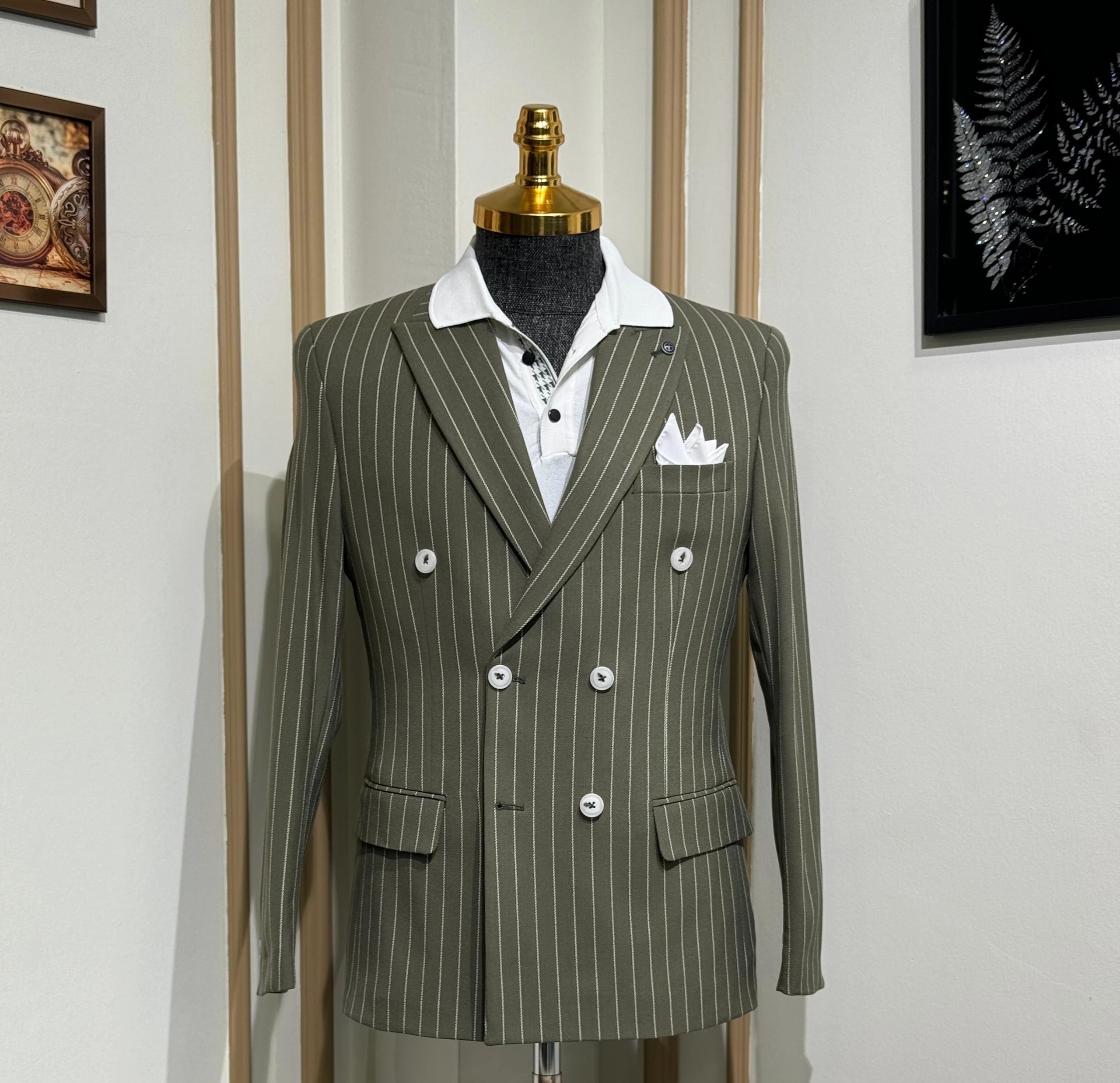 Slim Fit İtalyan Kesim Çizgili Kruvaze Ceket 