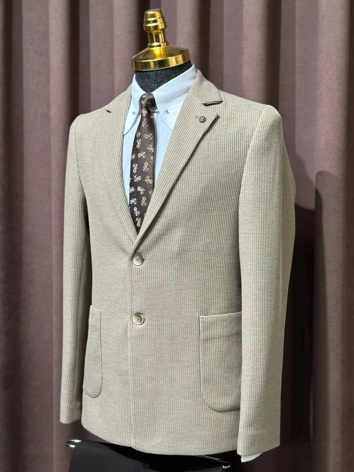 Slim Fit Desenli Torba Cep Detaylı Penye Kumaş Ceket  - Bej