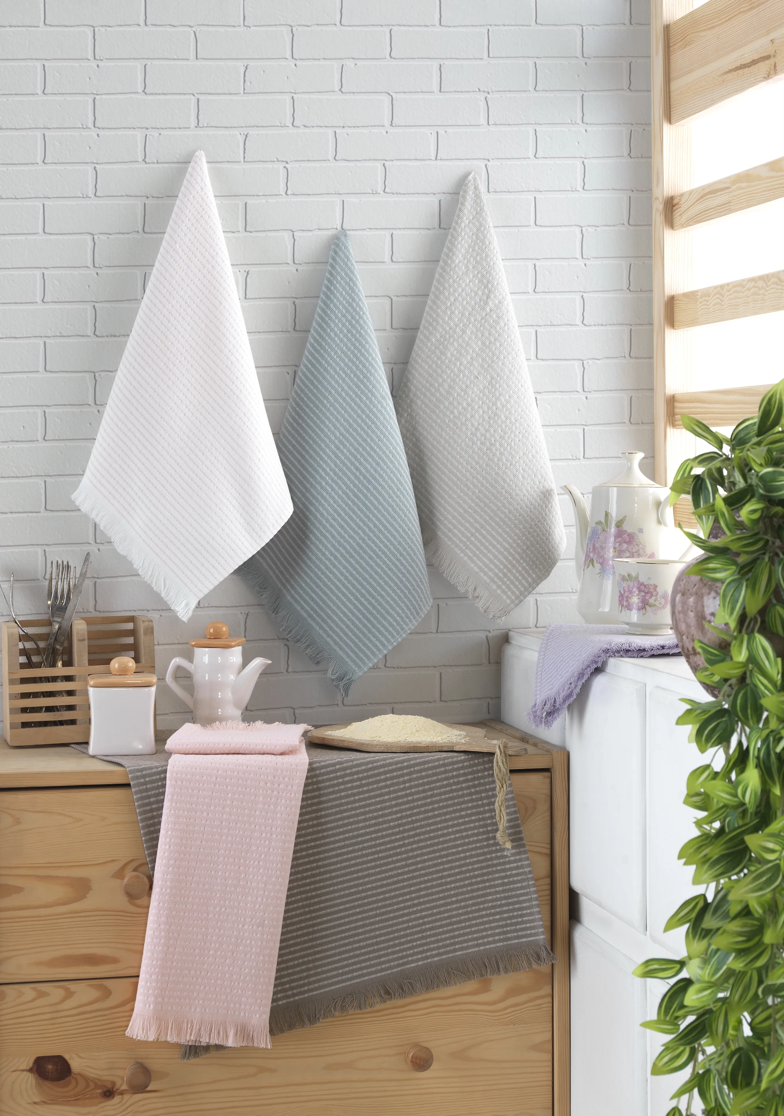 Cocco 6’lı Jakarlı Mutfak Peçetesi – %100 Pamuk, İnce Çizgili Sofra Bezi, 40x60 cm Doğal Renkli Emici Peçete Seti