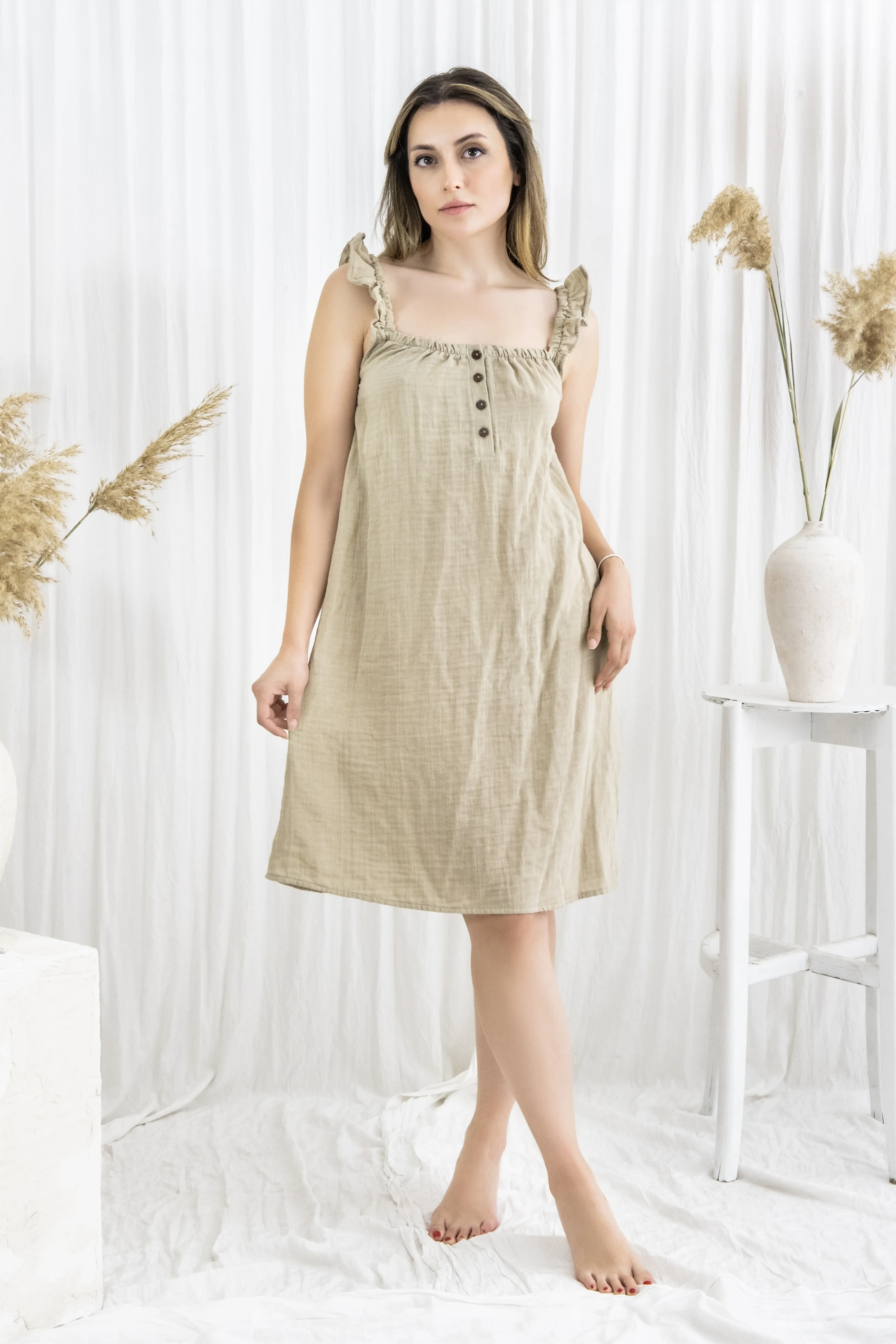 ANGEL Muslin Kadın Gecelik, %100 Pamuk Fırfırlı Askılı Gecelik ,Kadın Gecelik, Rahat ve Nefes Alan Muslin Kumaş Ev Giyimi