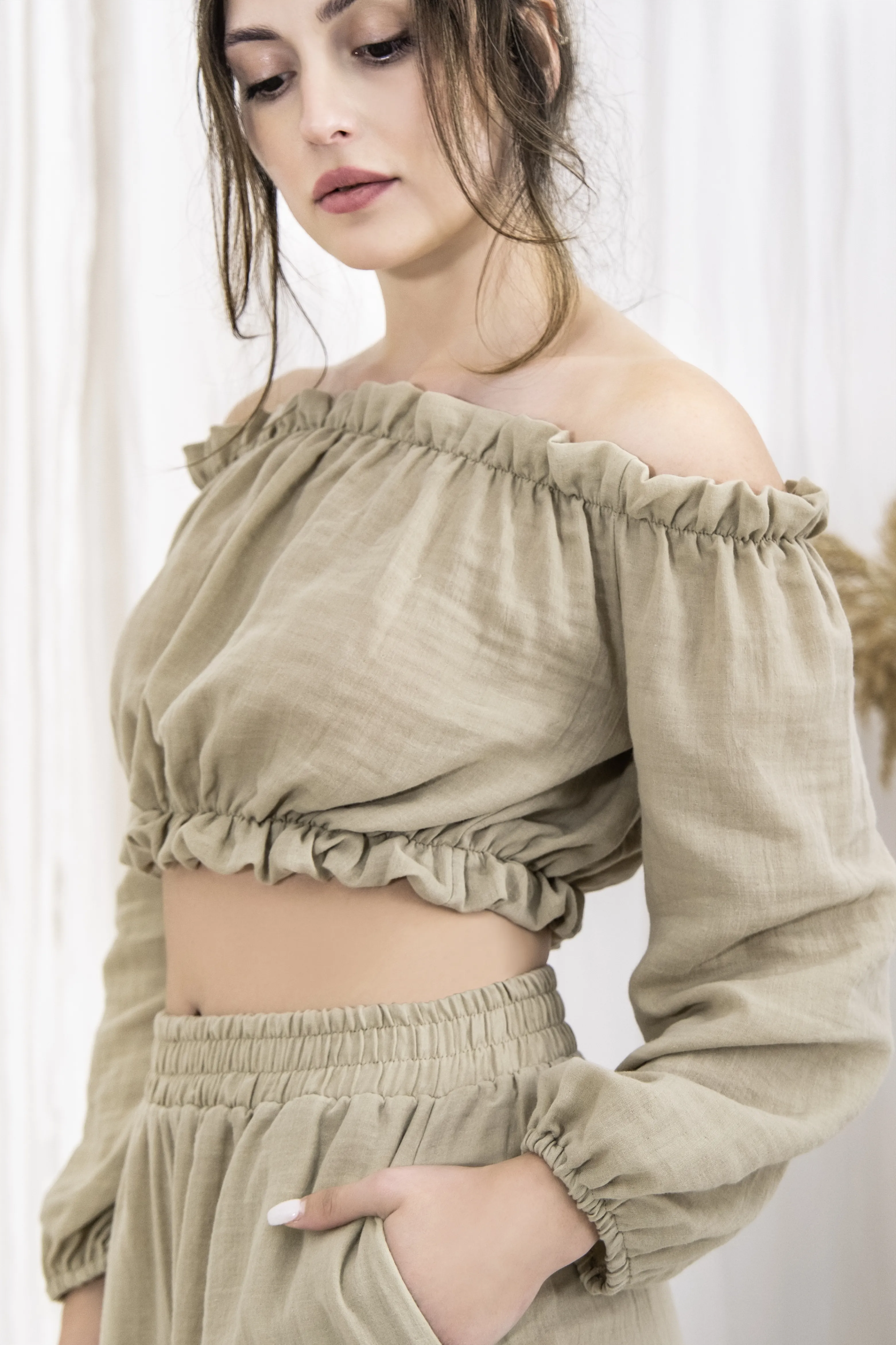 ARCH Muslin Pijama Takımı, %100 Pamuk Kadın Ev Giyim Seti, Omzu Açık Üst ve Geniş Paça Pantolon, Rahat Kadın Pijama Takımı